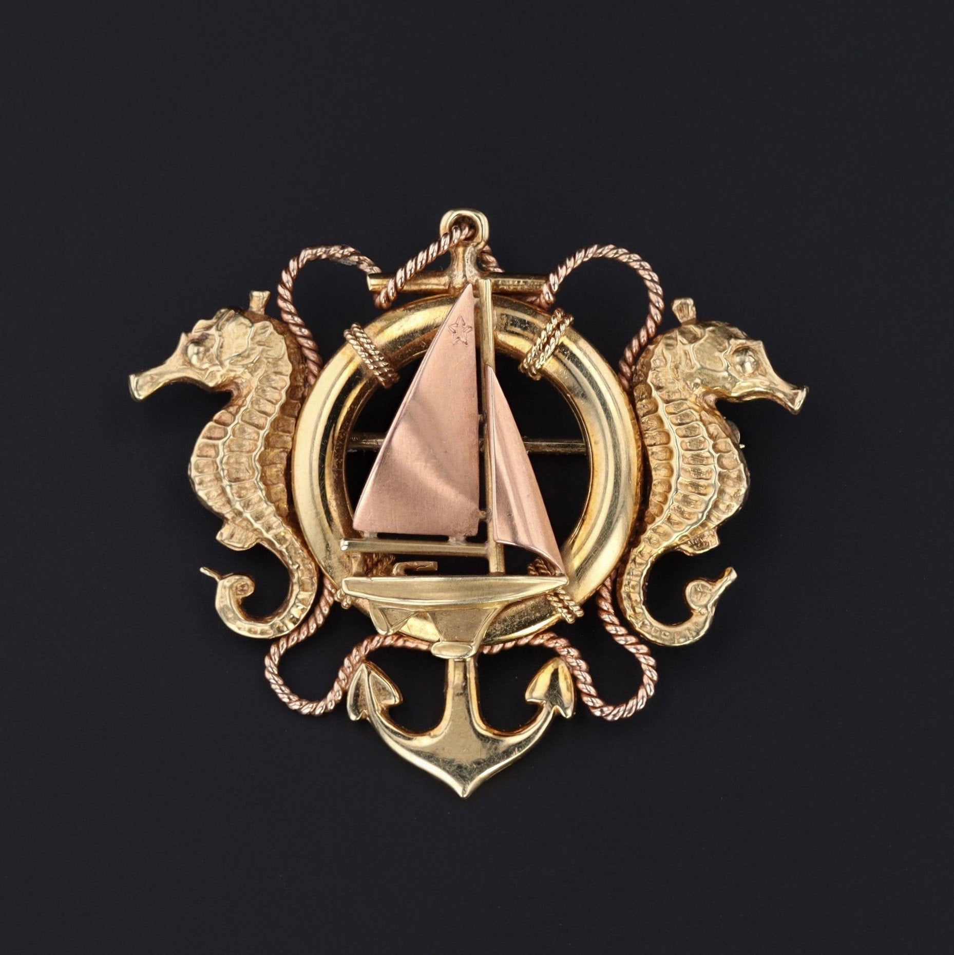 Nautical Brooch by Sloan & Co. | Seahorse Brooch | 14k Gold Brooch | Sailboat Brooch | Sailing Jewelry