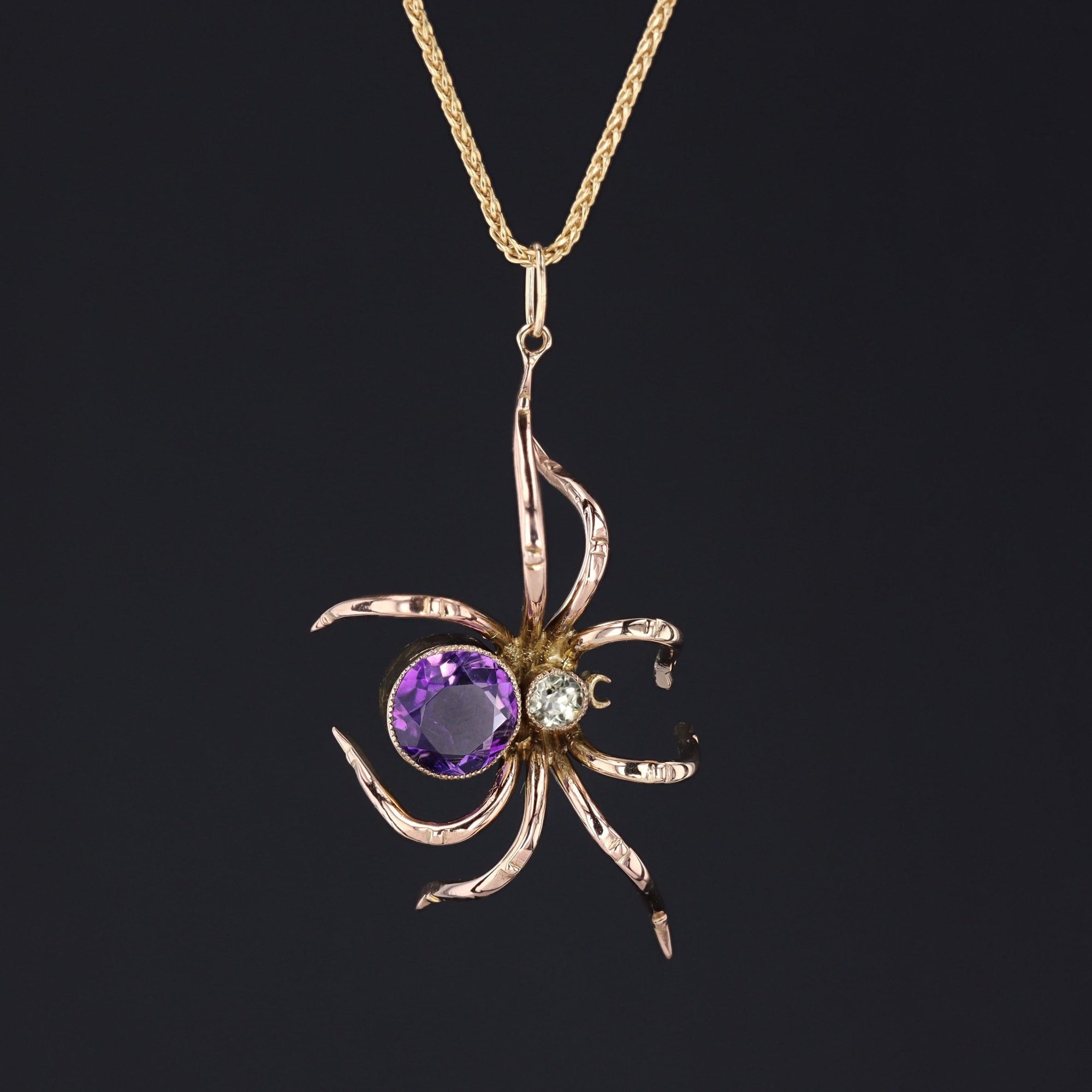 Amethyst & Chrysolite Spider Pendant | Antique Pin Conversion | 9ct Gold Spider Pendant on Optional 14k Chain