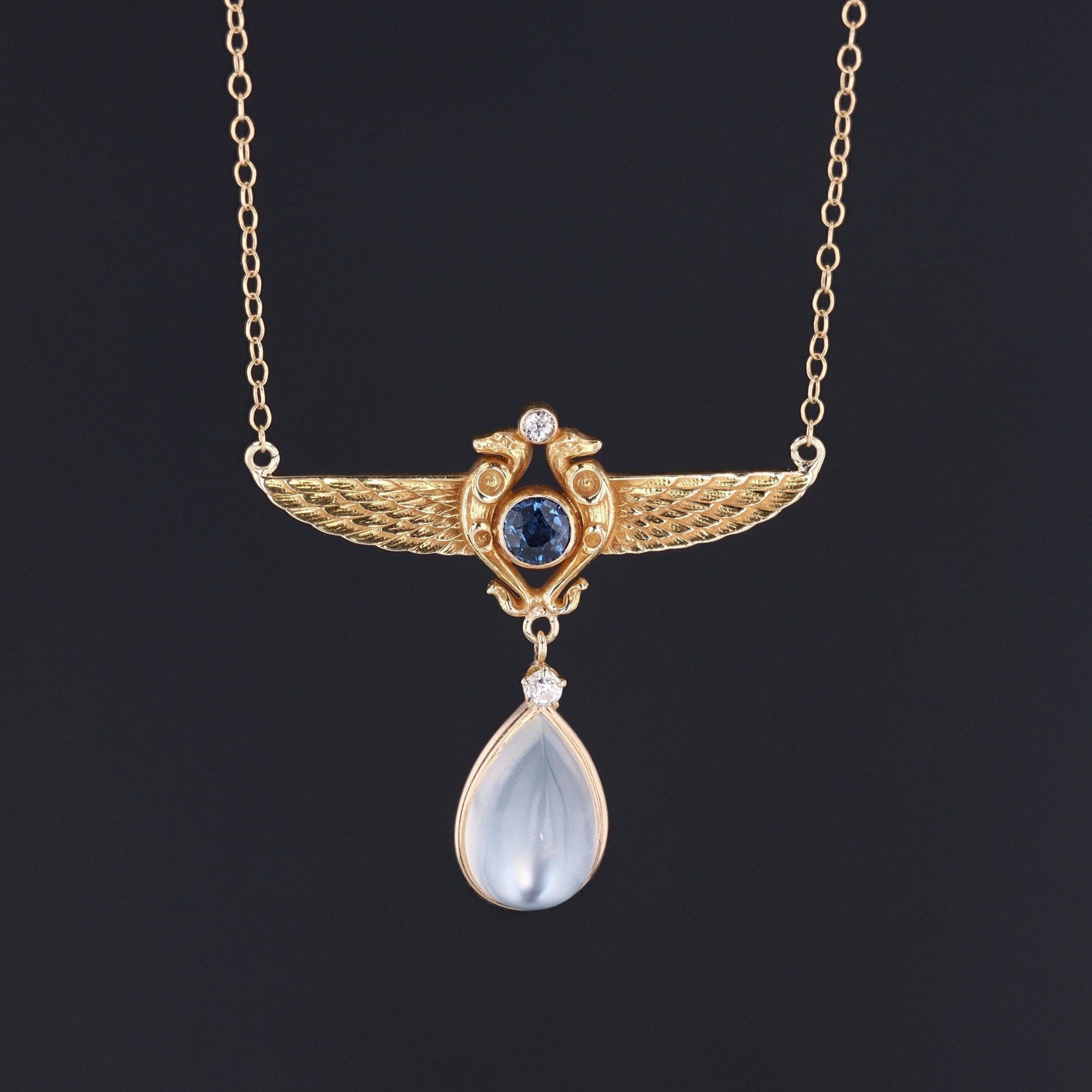 Egyptian Revival Necklace | Sapphire Diamond & Moonstone Necklace | Antique Pin Conversion | 14k Gold Pendant on 14k Chain