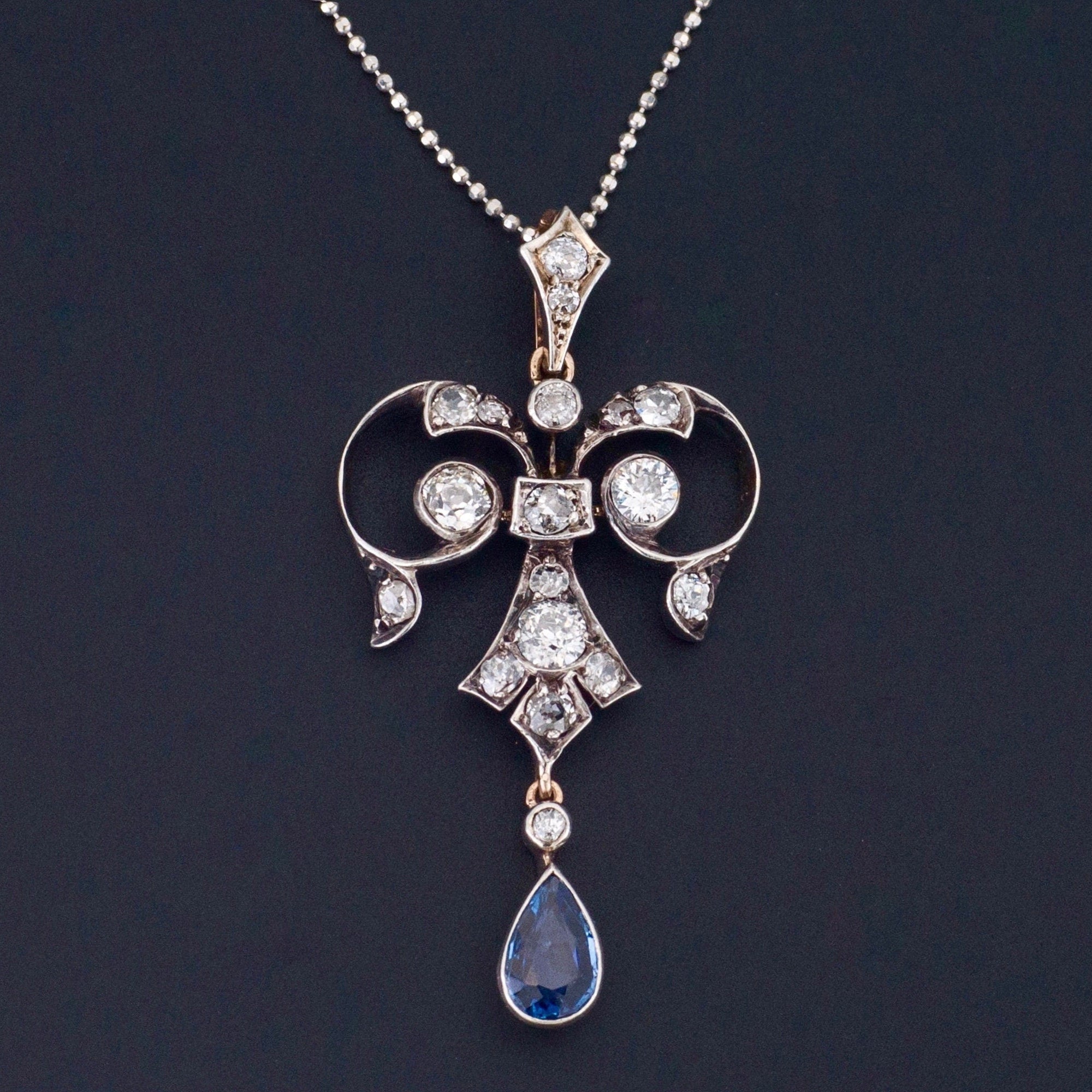 Antique Diamond and Sapphire Pendant | Silver Topped 14k Gold Pendant on Optional 14k Chain 