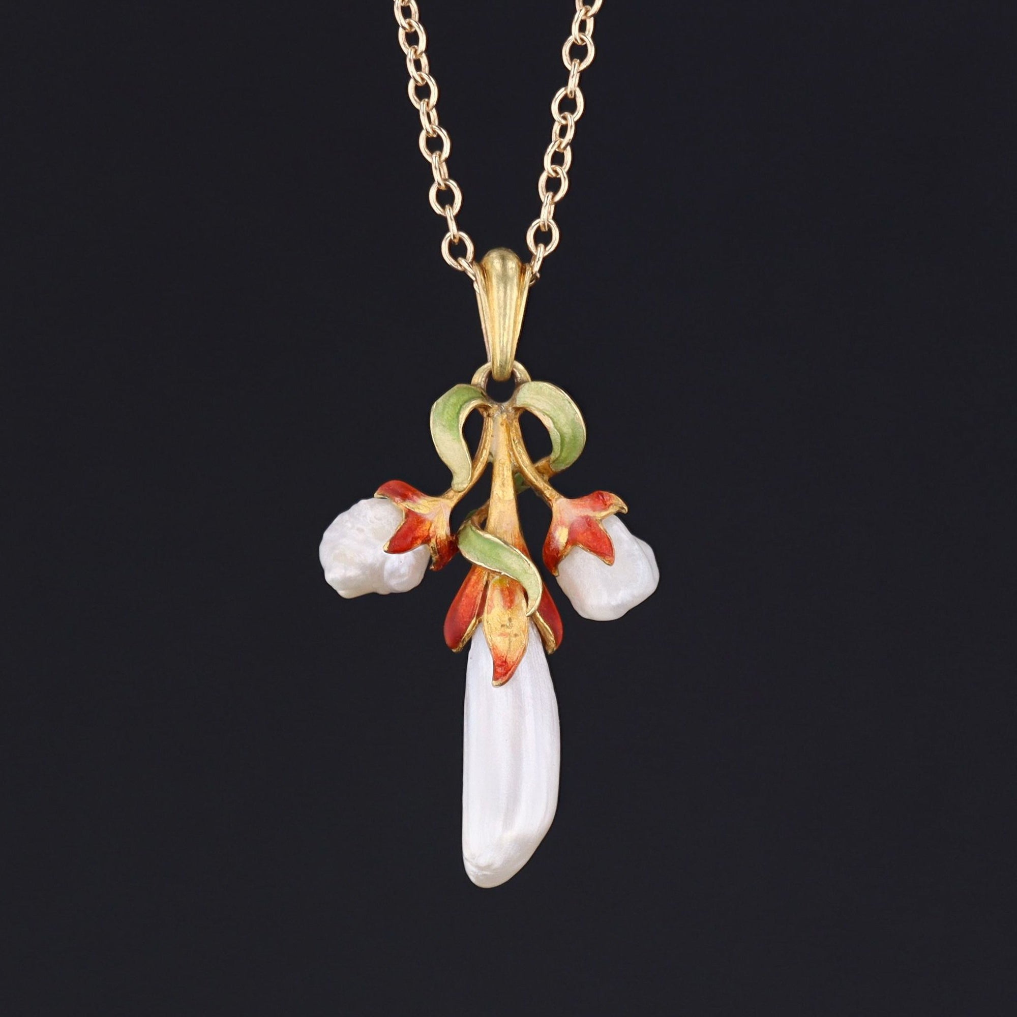 Flower Pendant | Antique Enamel & Pearl Pendant by Bippart | 14k Gold Pendant on Optional 14k Gold Chain | Antique Pendant