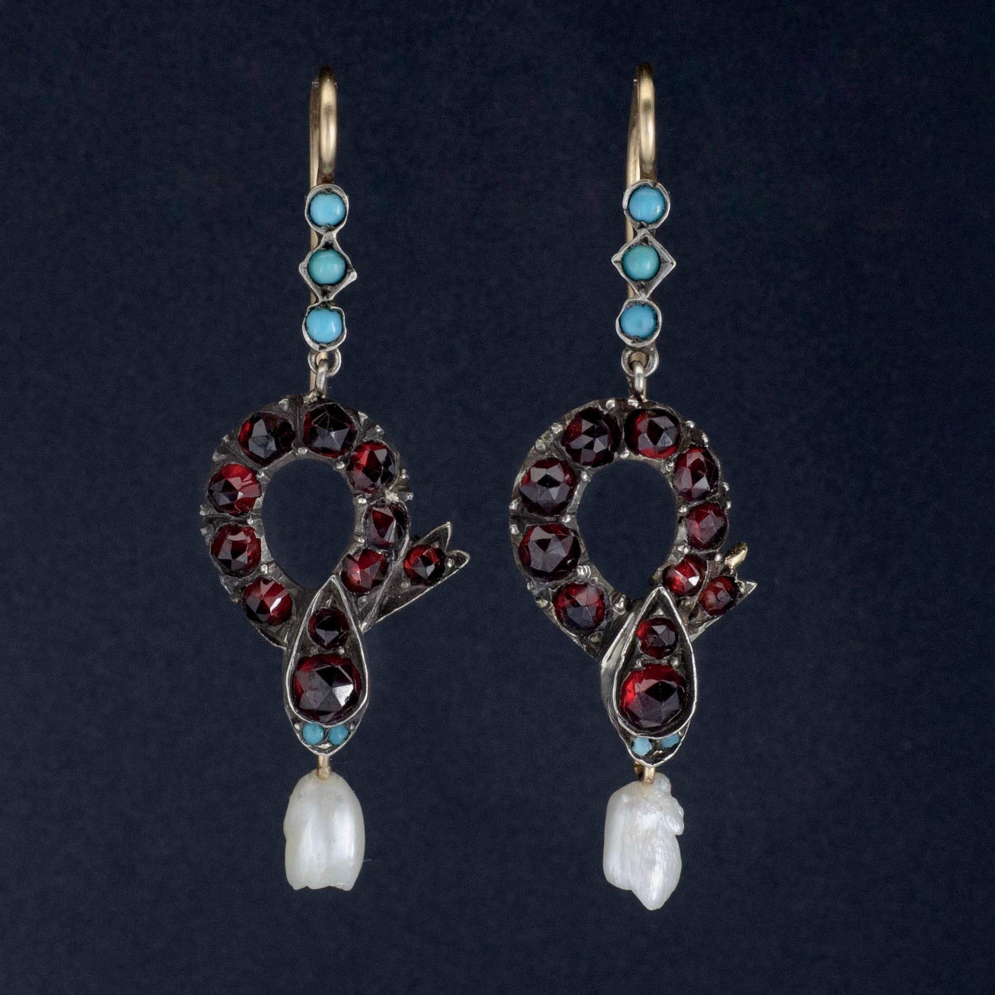 Antique Snake Earrings | Garnet & Turquoise Snake Earrings  | 14k Gold and Silver Earrings| Pin Conversion Earrings