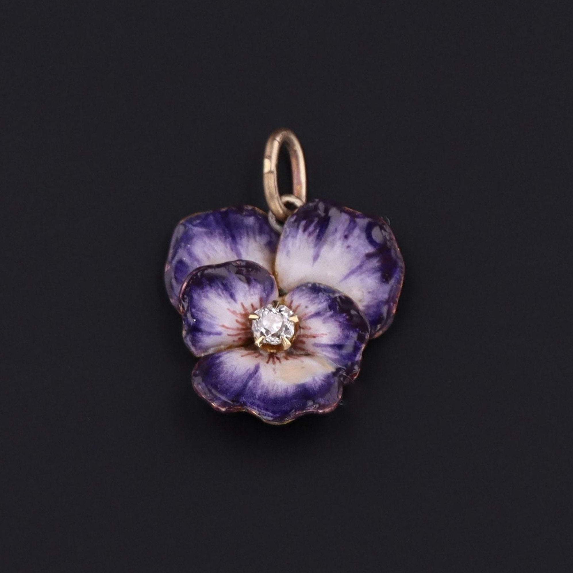 Pansy Charm | Antique Pansy Charm with Diamond | 14k Gold Charm | Purple Enamel Pansy | Gold Flower Charm