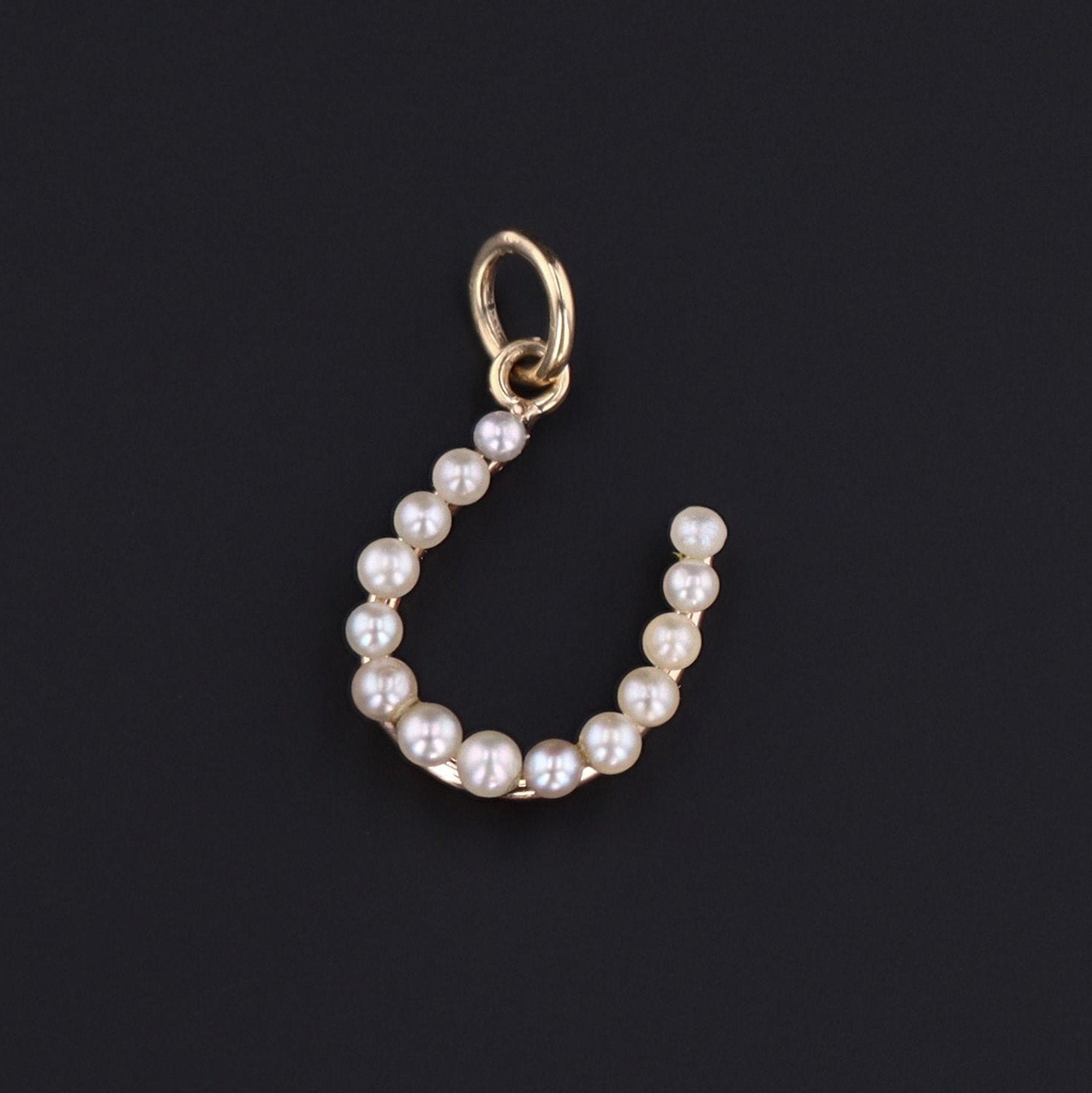 Horseshoe Charm | 14k Gold Pearl Horseshoe Charm | Antique Pin Conversion | Equestrian Gift