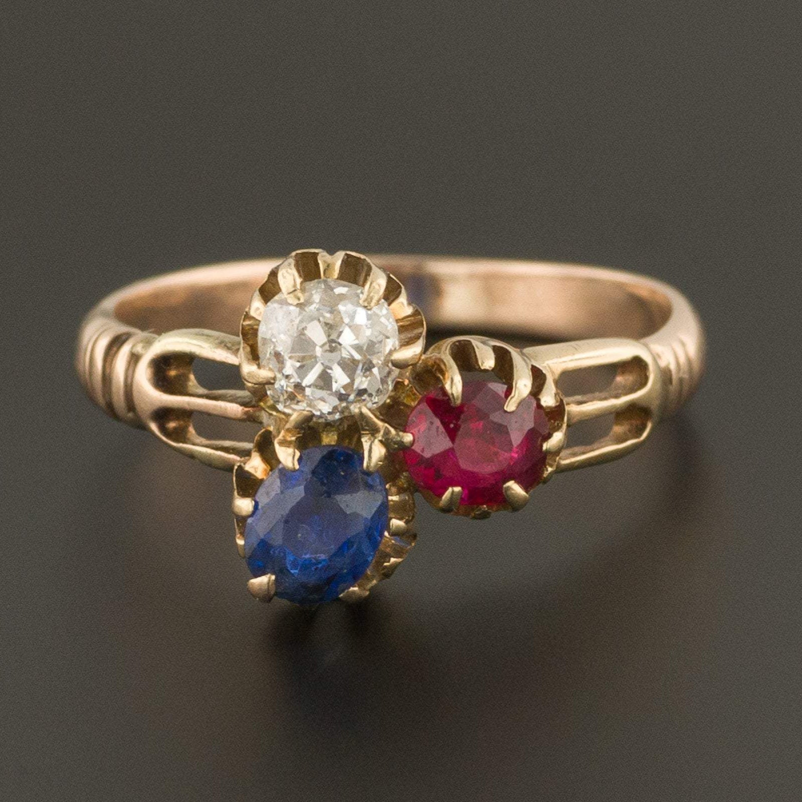 Ruby Sapphire & Diamond Ring | Antique Ring | Red White and Blue Ring | 14k Gold Jubilee Ring | 14k Gold Ring