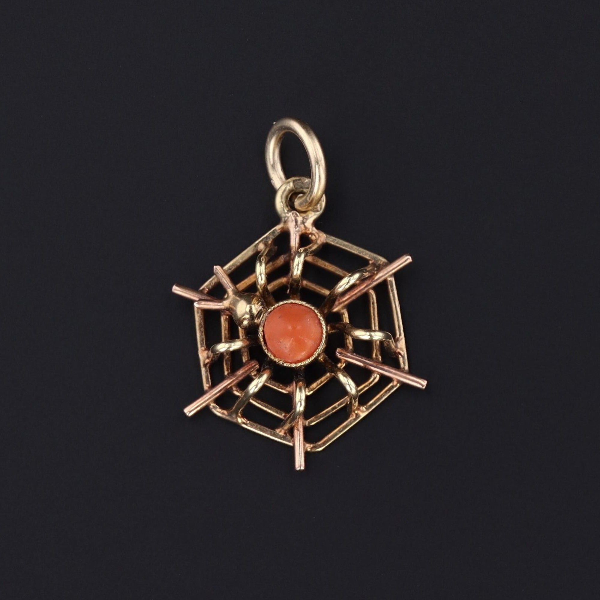 Vintage Spider on Web | 14k Gold Spider Pendant | Coral & Gold Spiderweb Pendant | Cobweb Pendant