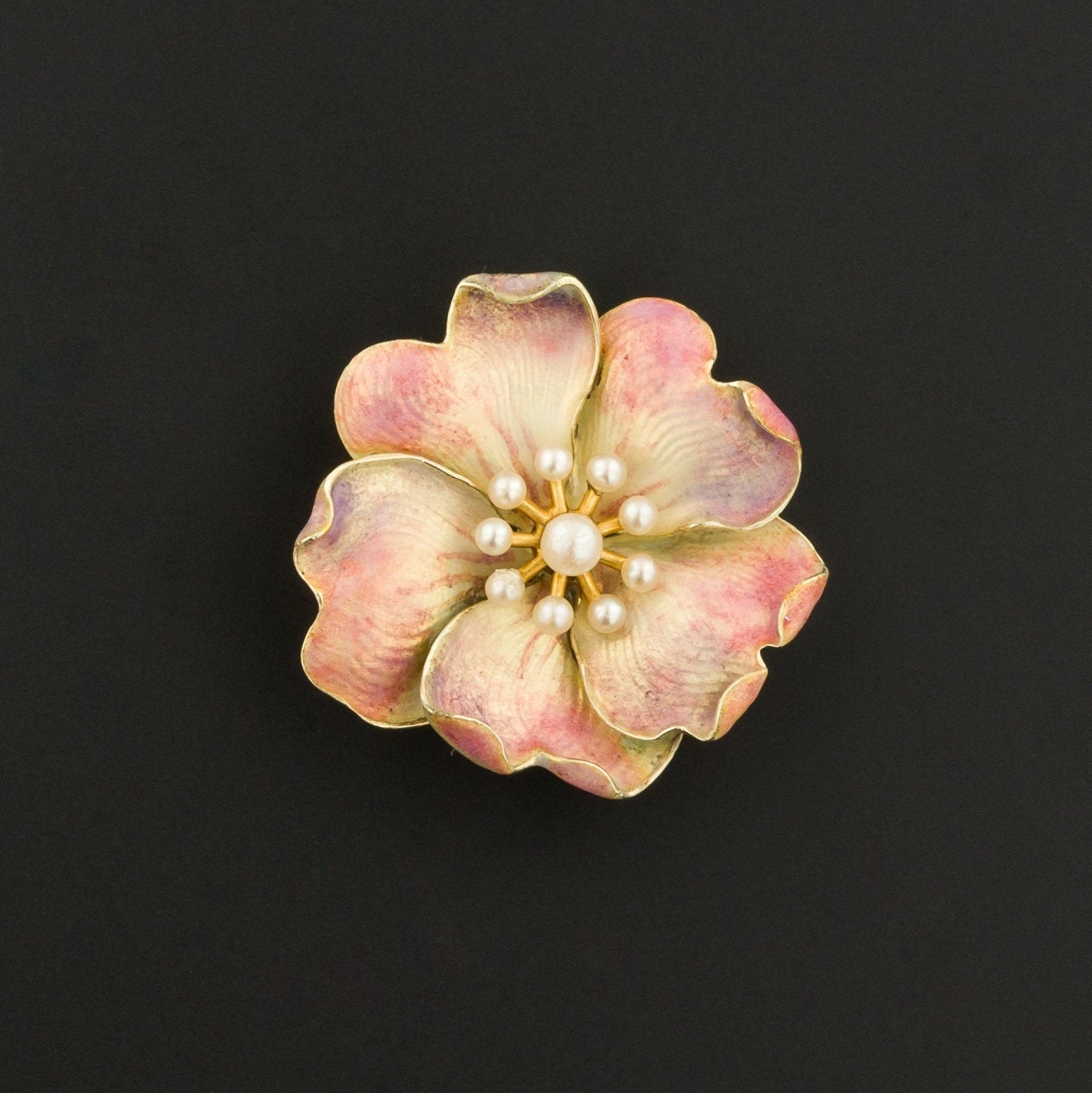 Pink Enamel Flower Brooch | Antique Brooch | Enamel Flower | Pink Flower Brooch | 14k Gold Brooch with Pearl Accent