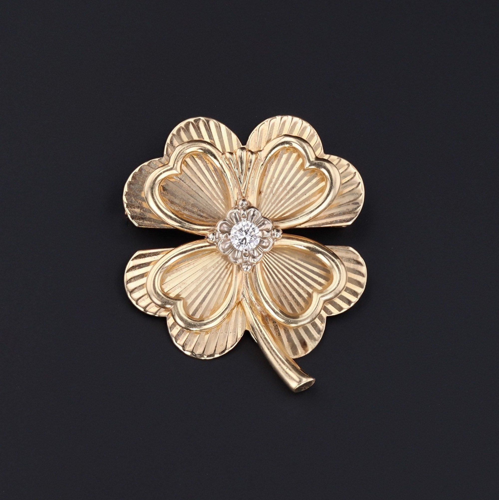 Four Leaf Clover Brooch | 14k Gold & Diamond Clover | Vintage Clover Brooch