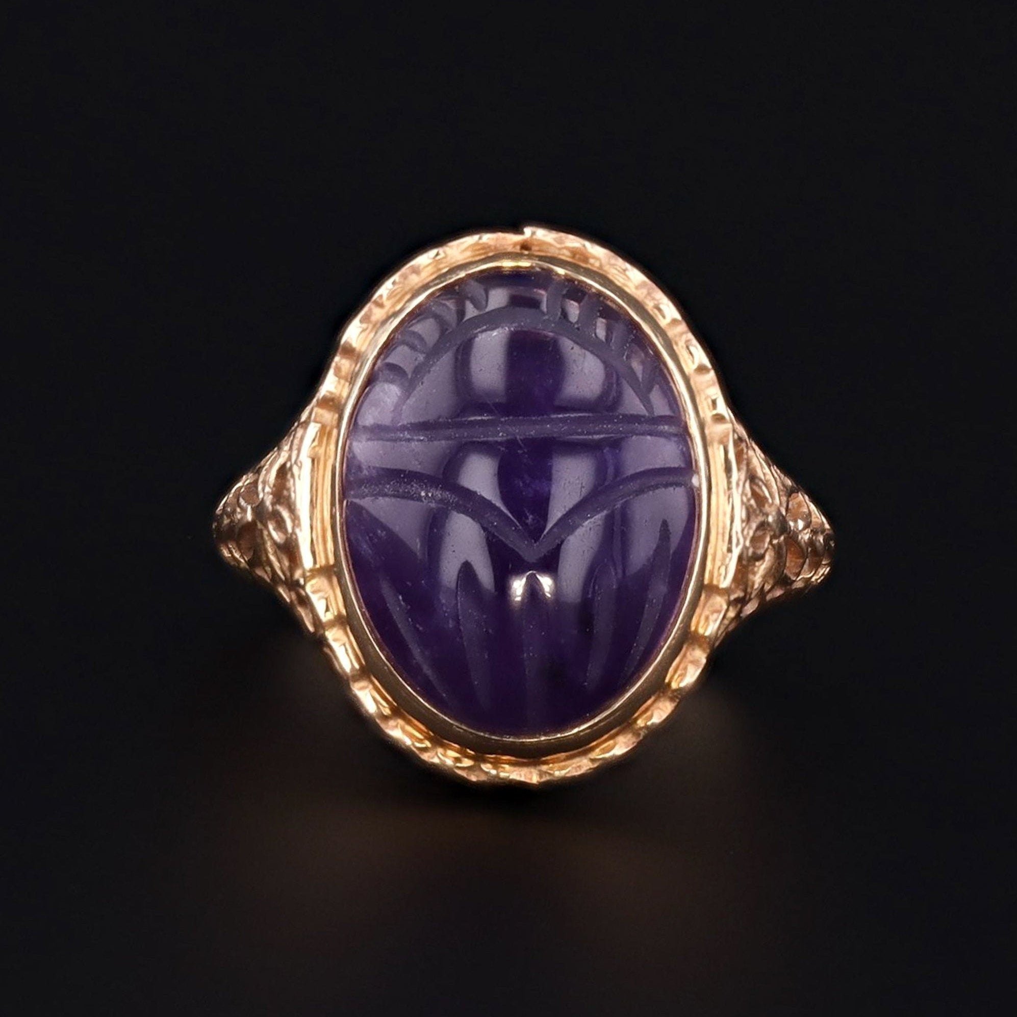 Amethyst Scarab Ring | Vintage Ring | Scarab Ring | 14k Gold Ring | Carved Amethyst Scarab Ring