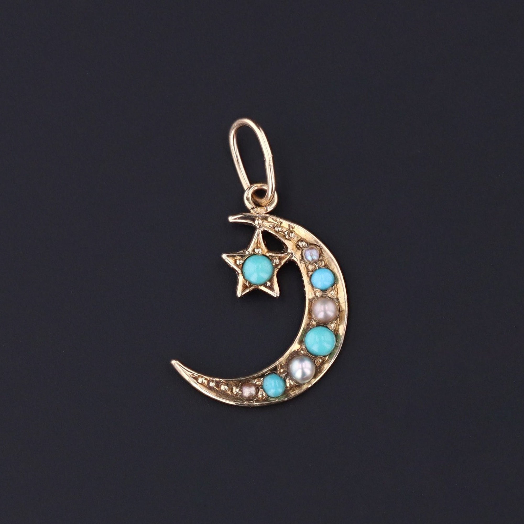 Crescent Moon & Star Charm | 14k Gold Charm | Turquoise and Pearl Charm | Crescent Moon Charm