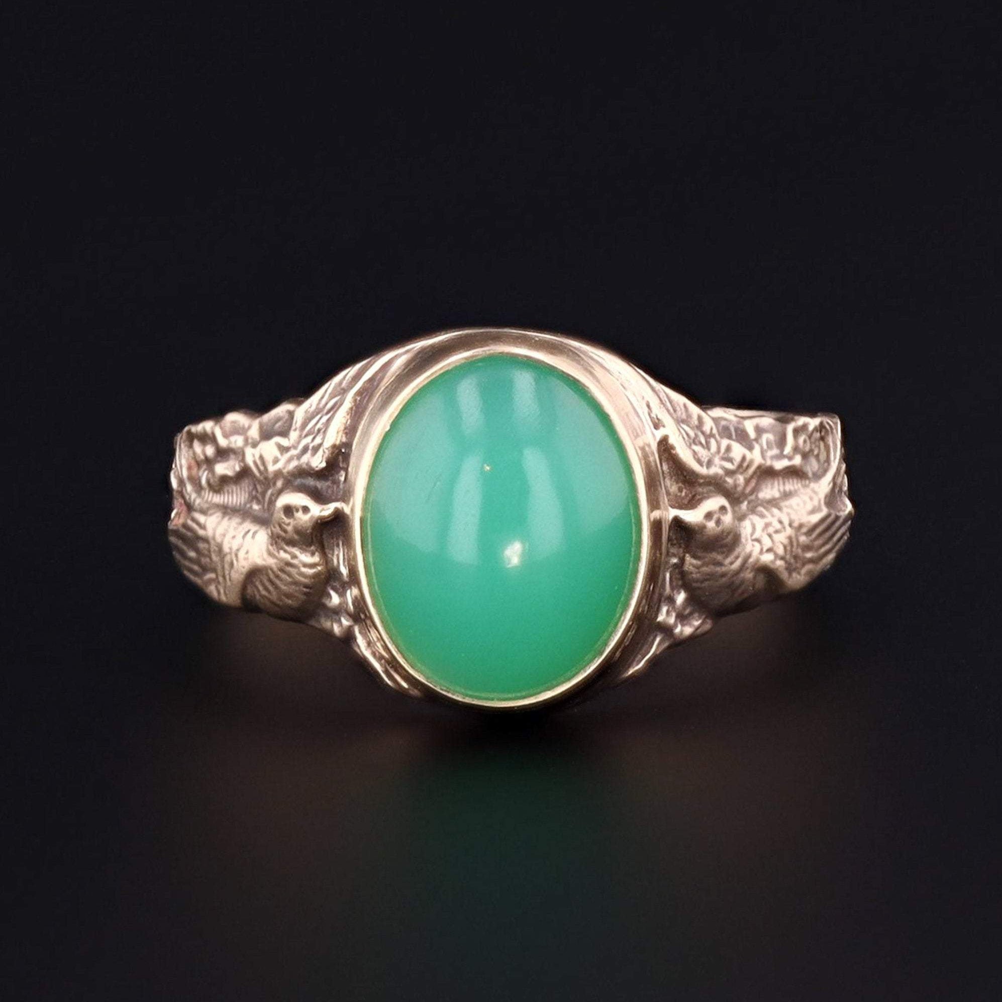 Chrysoprase Ring | 14k Gold Chrysoprase Bird Ring | 14k Gold Ring | Art Nouveau Style Ring