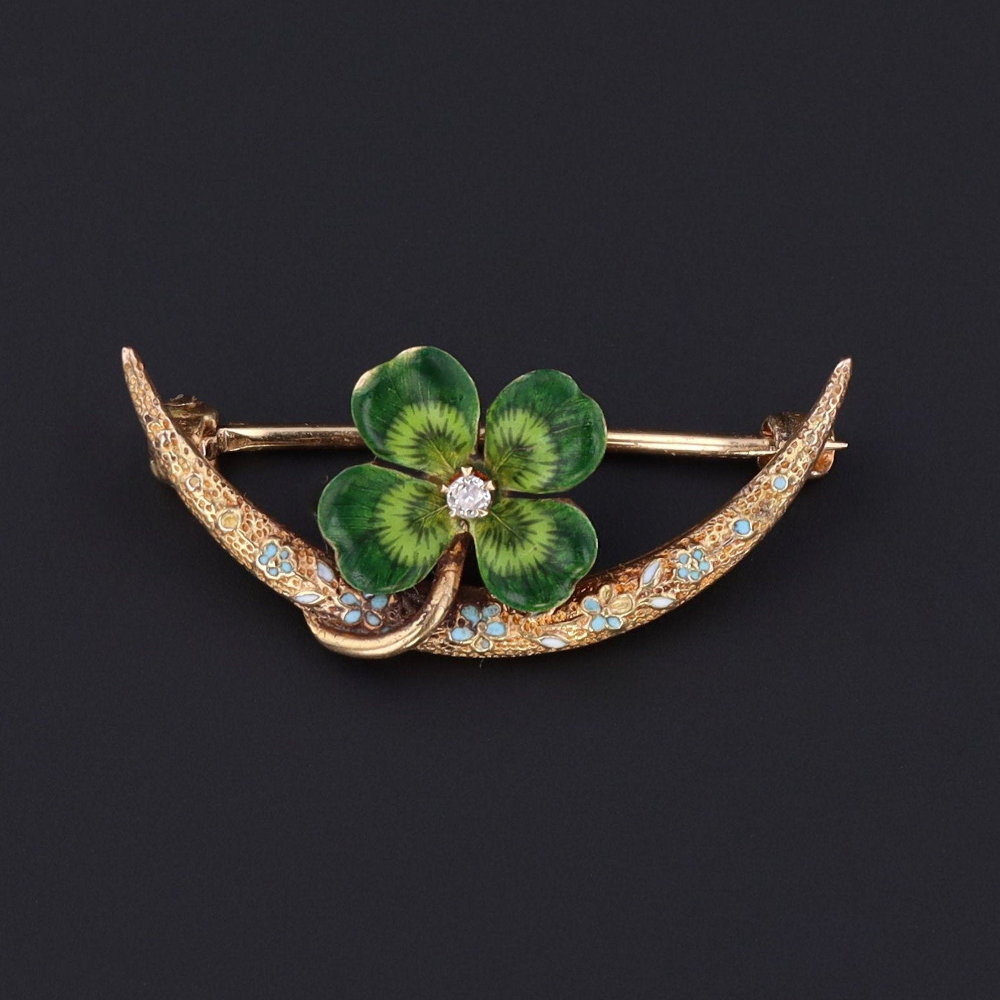 Clover Brooch | 14k Gold & Enamel Clover Pin | Honeymoon Pin | Good Luck Charm | Antique Enamel Brooch