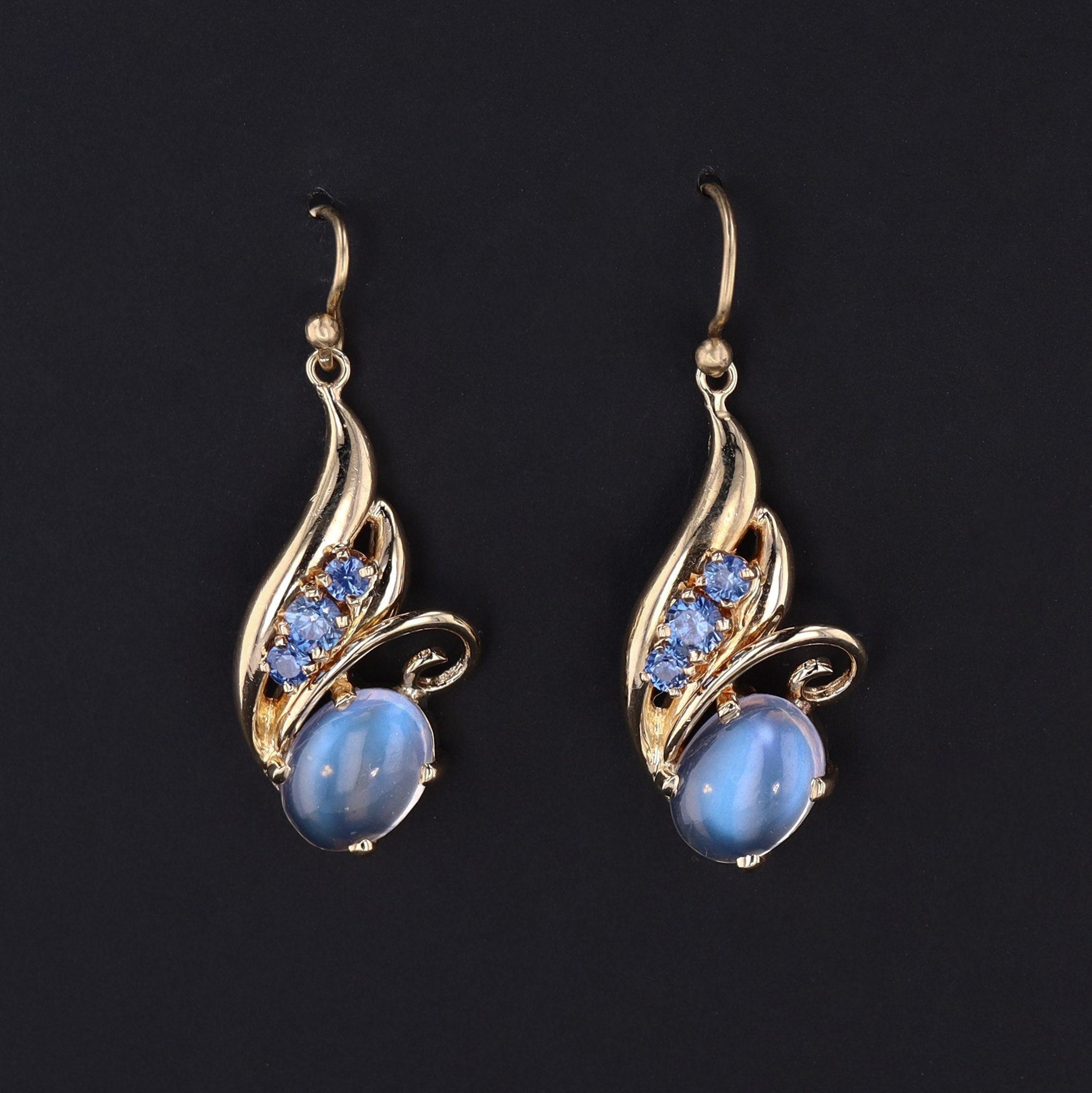 14k Gold Moonstone & Sapphire Earrings | Vintage Dangle Earrings | 14k Gold Earrings