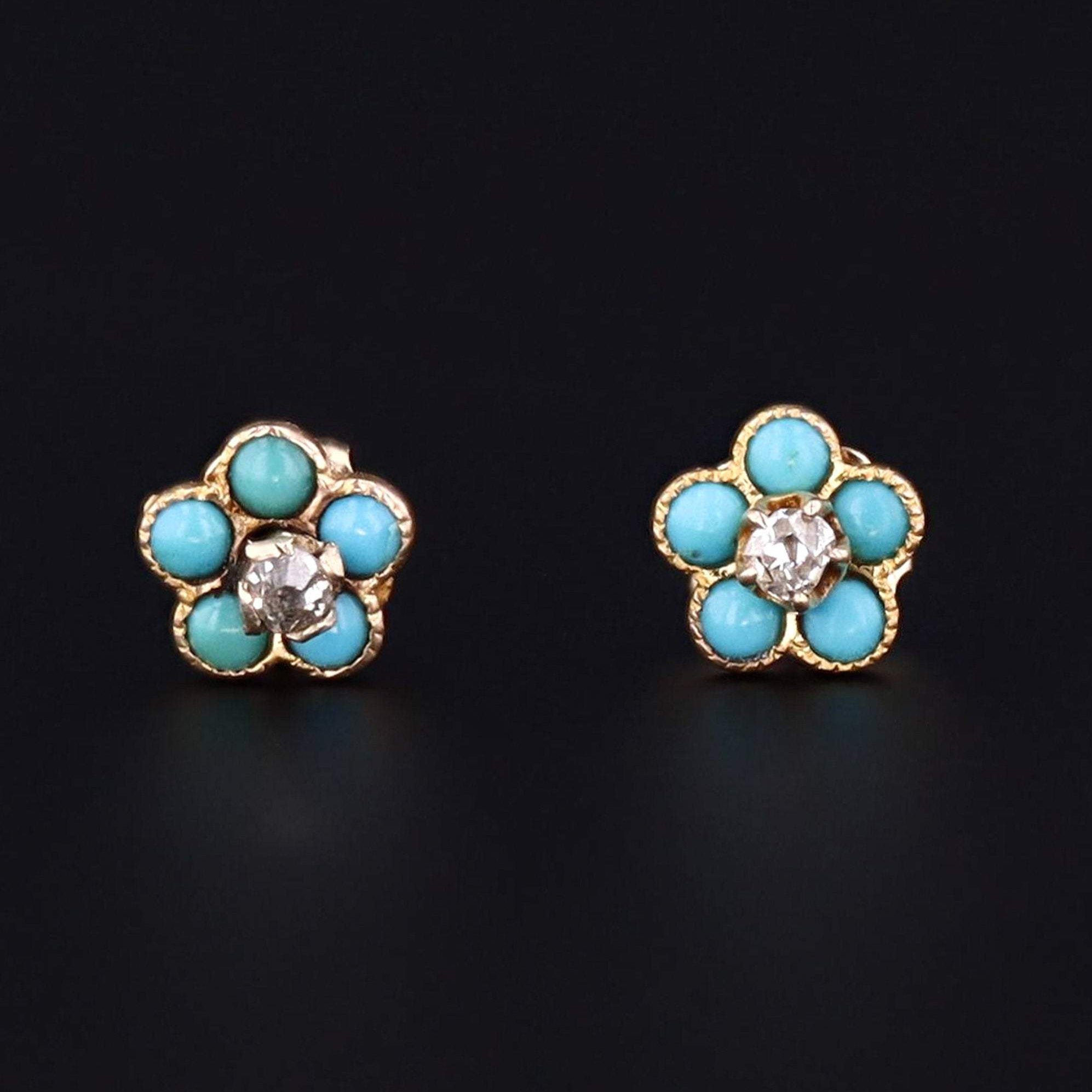 Turquoise & Diamond Flower Earrings | 14k Gold Earrings | Antique Pin Conversion Earrings | Forget-me-not Flower Earrings