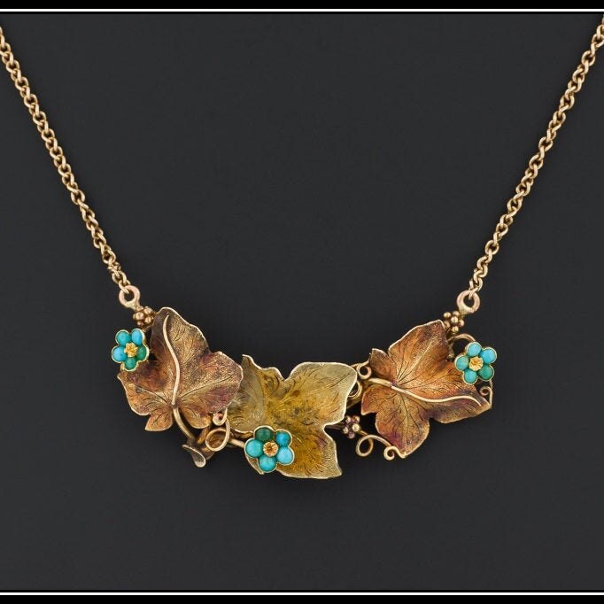 Antique Ivy & Forget-Me-Not Flower Necklace, 9ct Gold Chain, 14k Gold Pendant with Turquoise