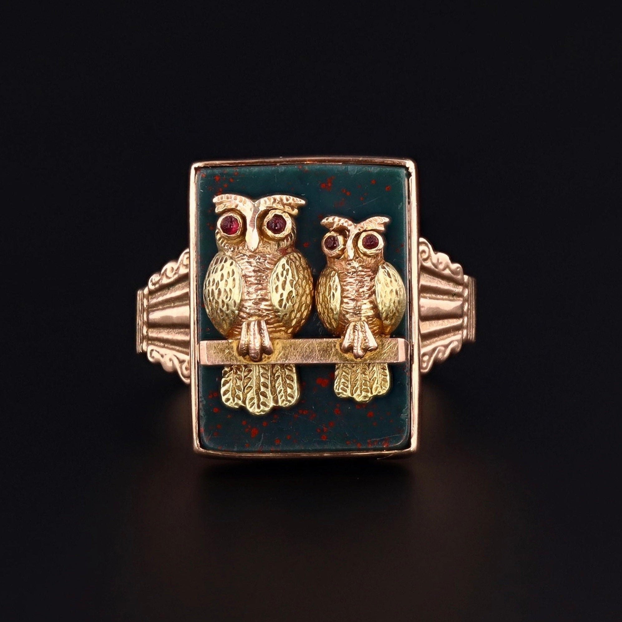 Owl Ring | Bloodstone Ring | Antique Owl Ring | Pin Conversion Ring | 10k Gold Ring