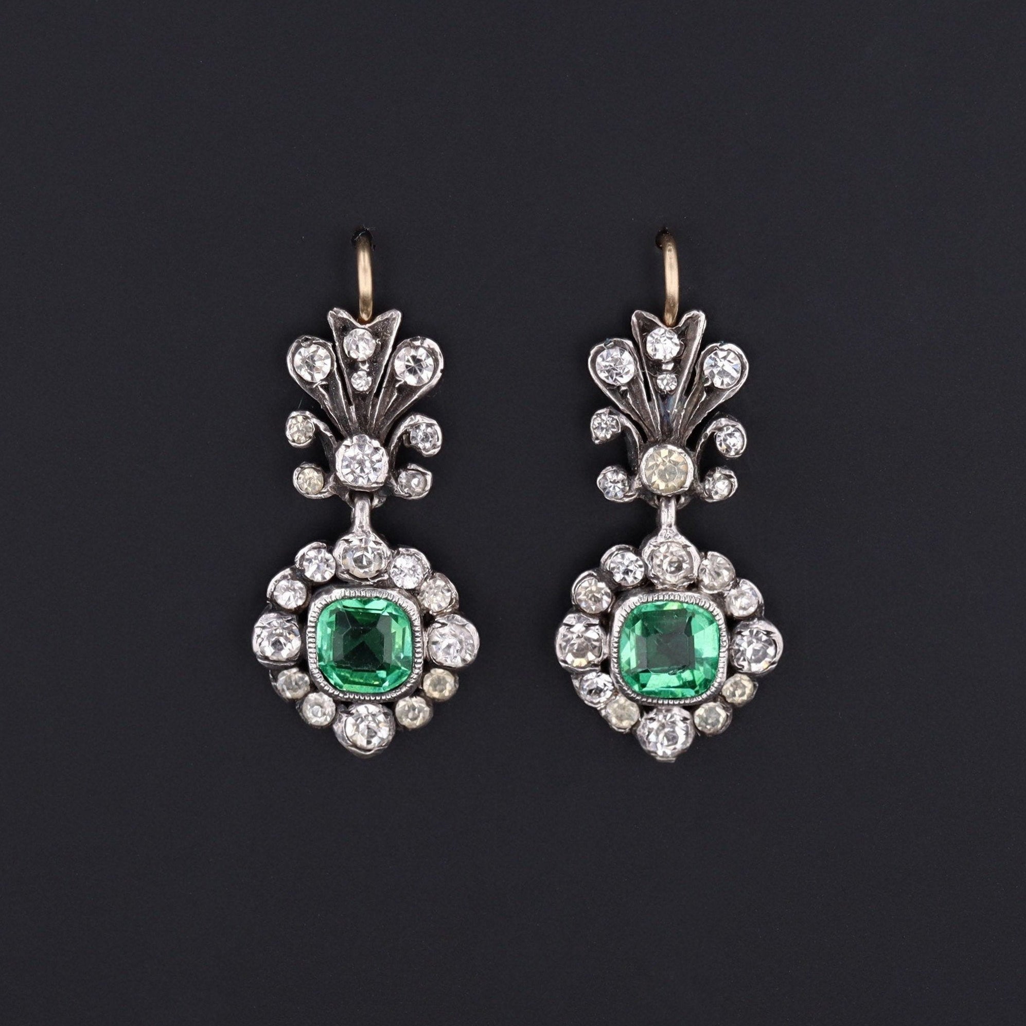 Antique Green and Clear Paste Earrings | 14k Gold & Silver Earrings | Bracelet Conversion Earrings | Antique Paste