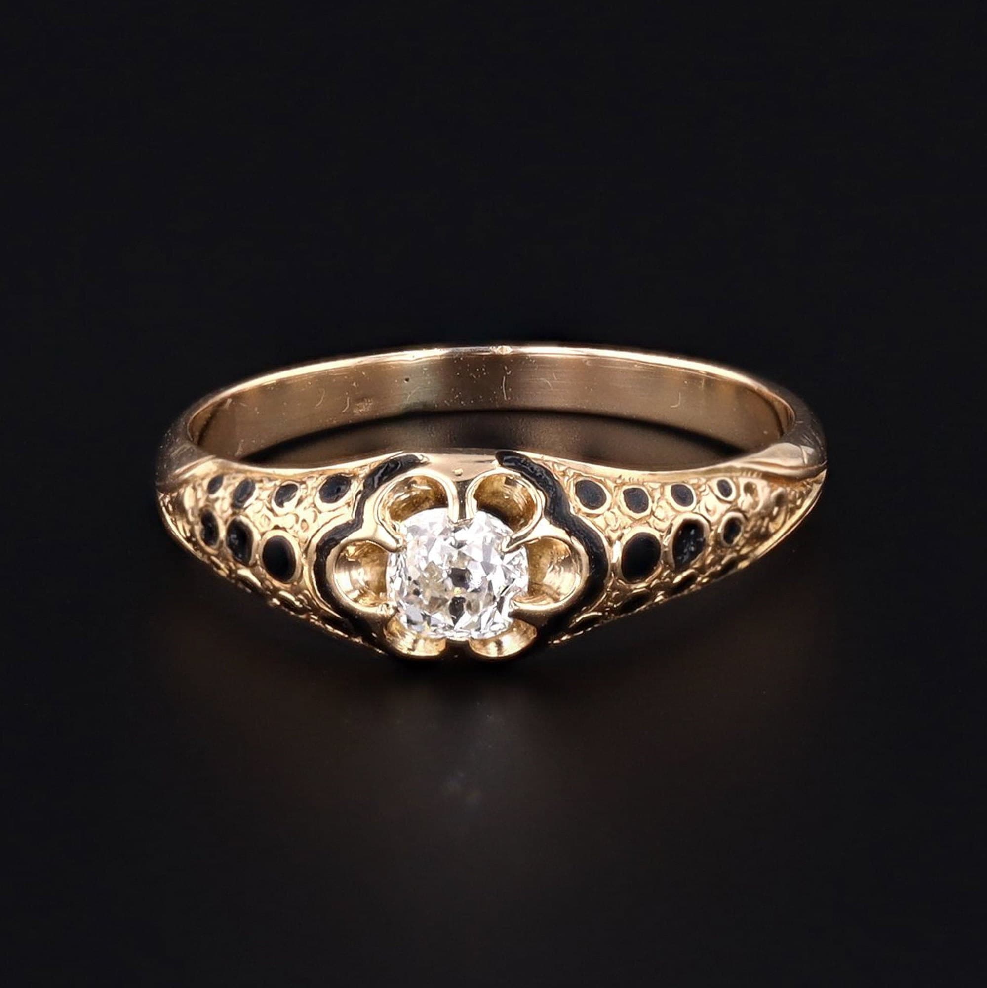 Antique 18k Gold & Black Enamel Ring | Black Enamel and Diamond Band 