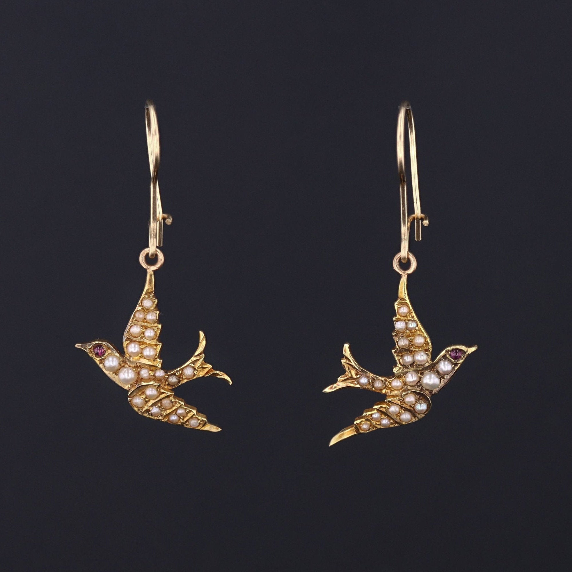 Pearl Swallow Earrings | 14k Gold Swallow Bird Earrings | Antique Pin Conversion Earrings | Dangle Earrings | Bridal Earrings