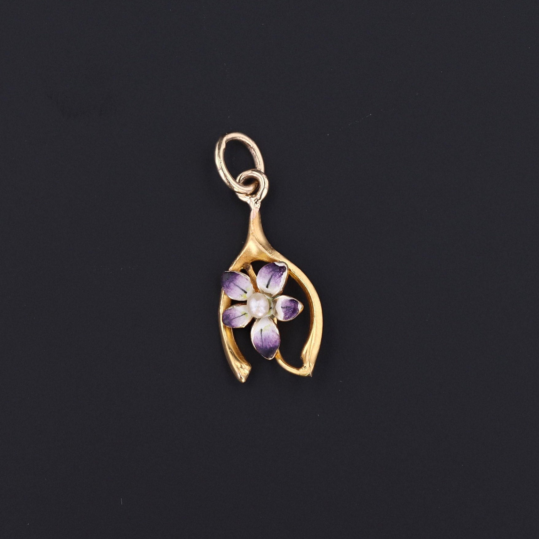Antique Violet Wishbone Charm | Good Luck Charm | Antique Pin Conversion | 10k Gold Charm | Enamel Violet Flower Charm