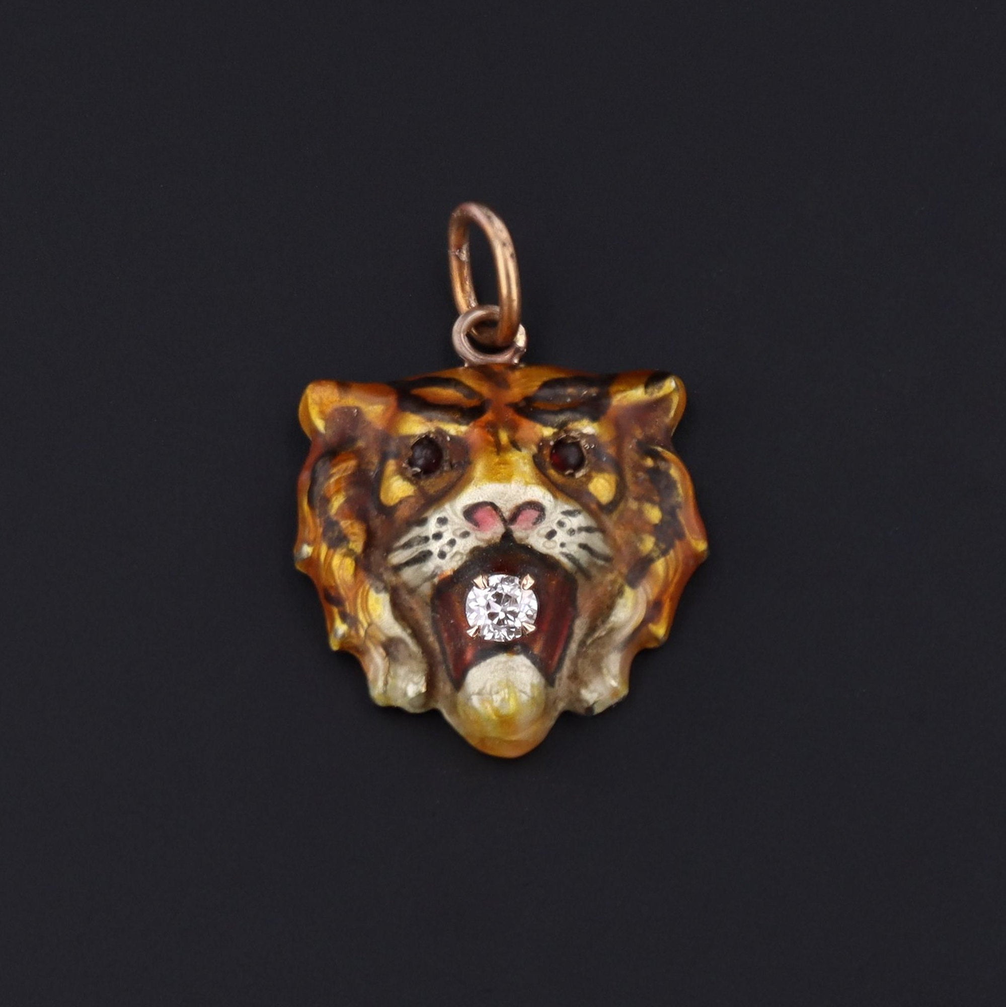 Antique Tiger Pendant | 14k Gold Enamel Tiger Pendant| Antique Pin Conversion | Enamel & Diamond Tiger Charm