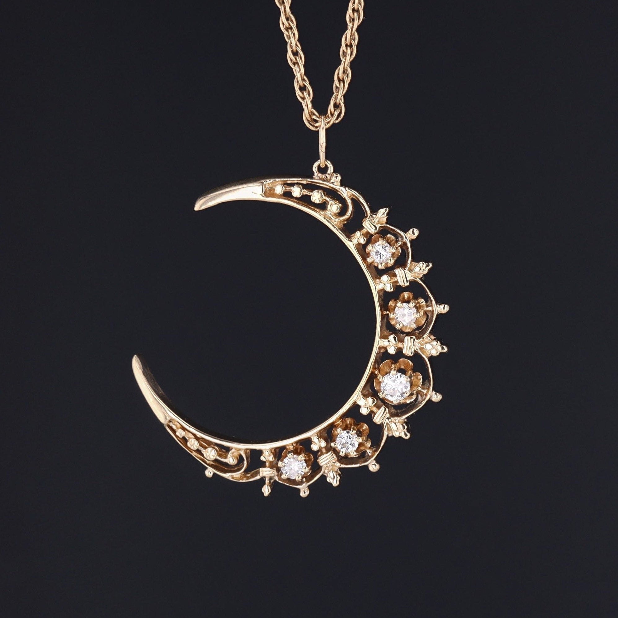 Vintage Diamond Crescent Moon Pendant | Vintage Diamond Moon | 14K Gold Pendant on Optional 14k Chain | Pin Conversion