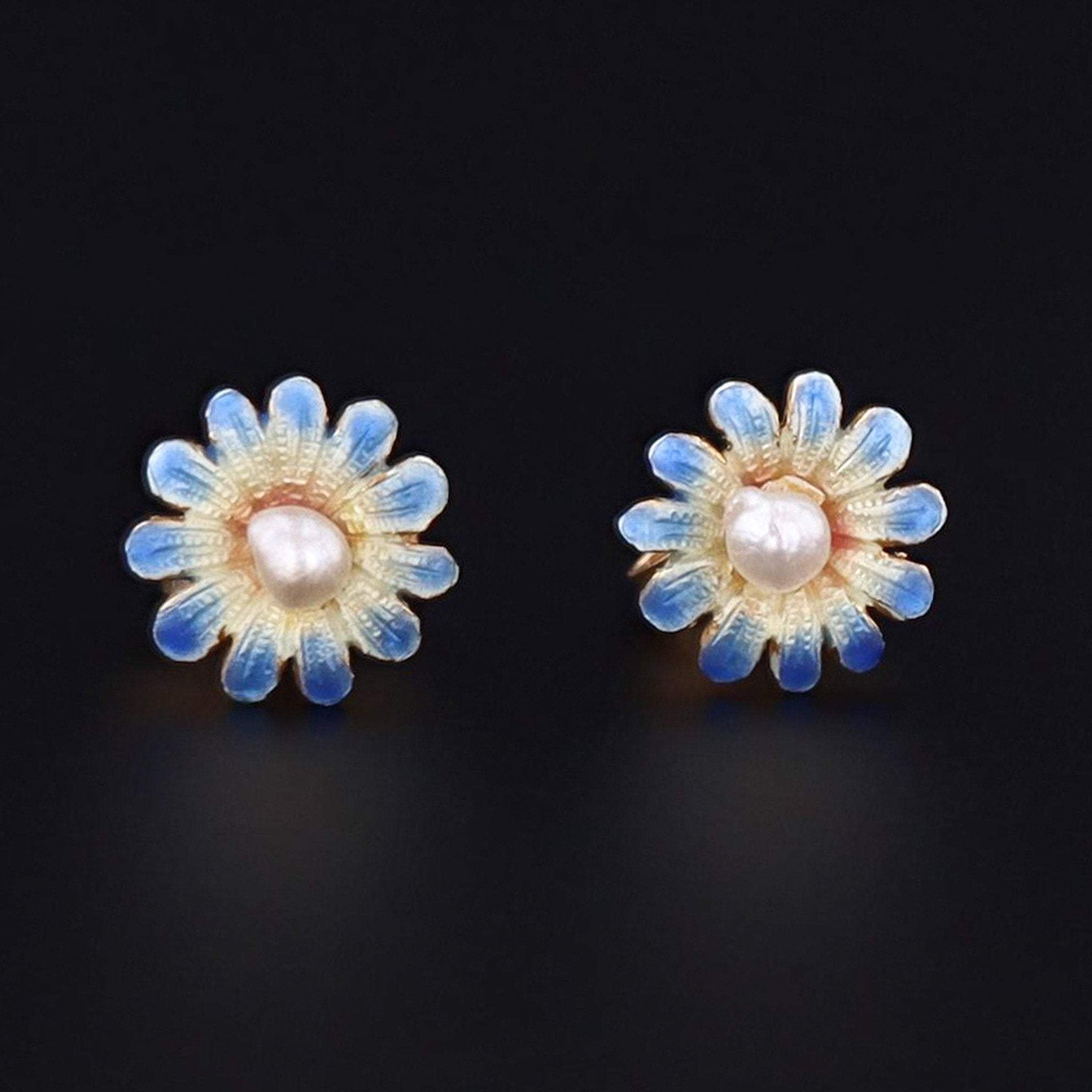 Enamel Flower Earrings | 14k Gold Earrings | Blue Daisy Earrings | Vintage Pin Conversion Earrings