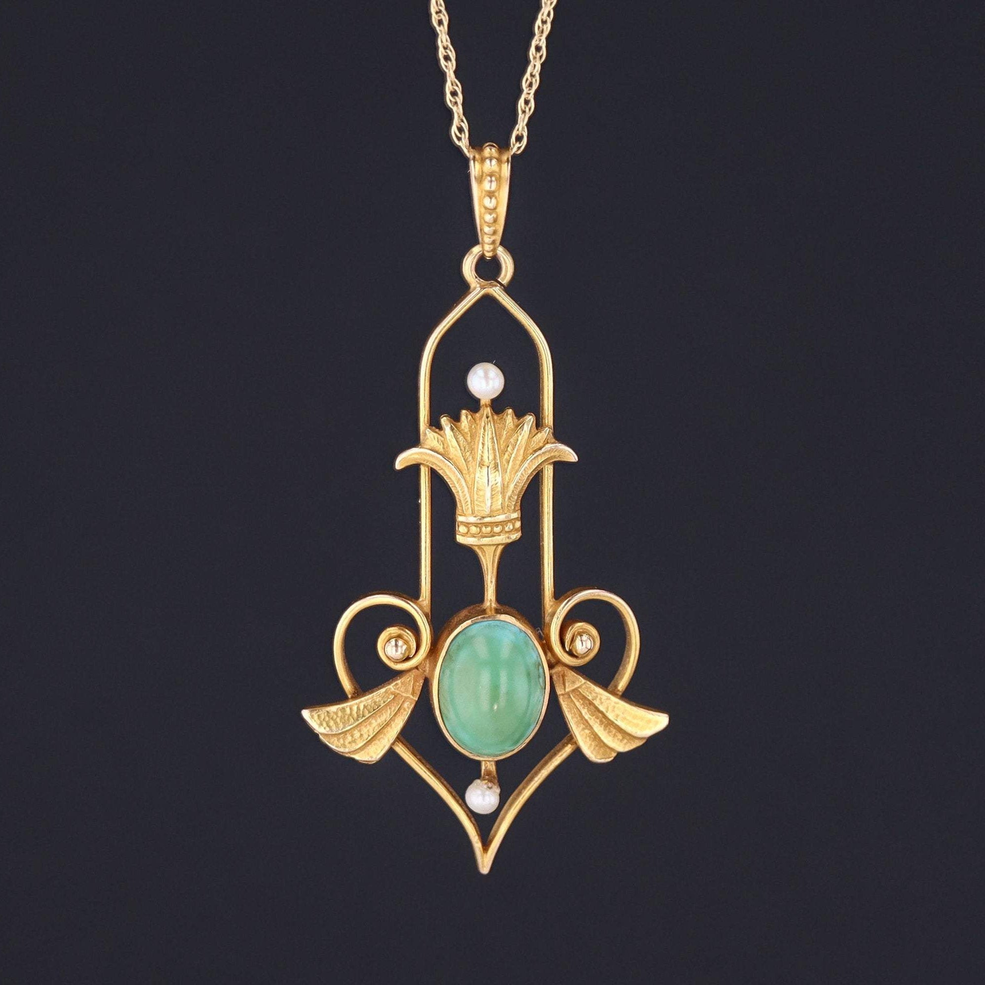 Egyptian Revival Pendant | Antique Gold & Turquoise Pendant | 14k Pendant on Optional 14k Chain