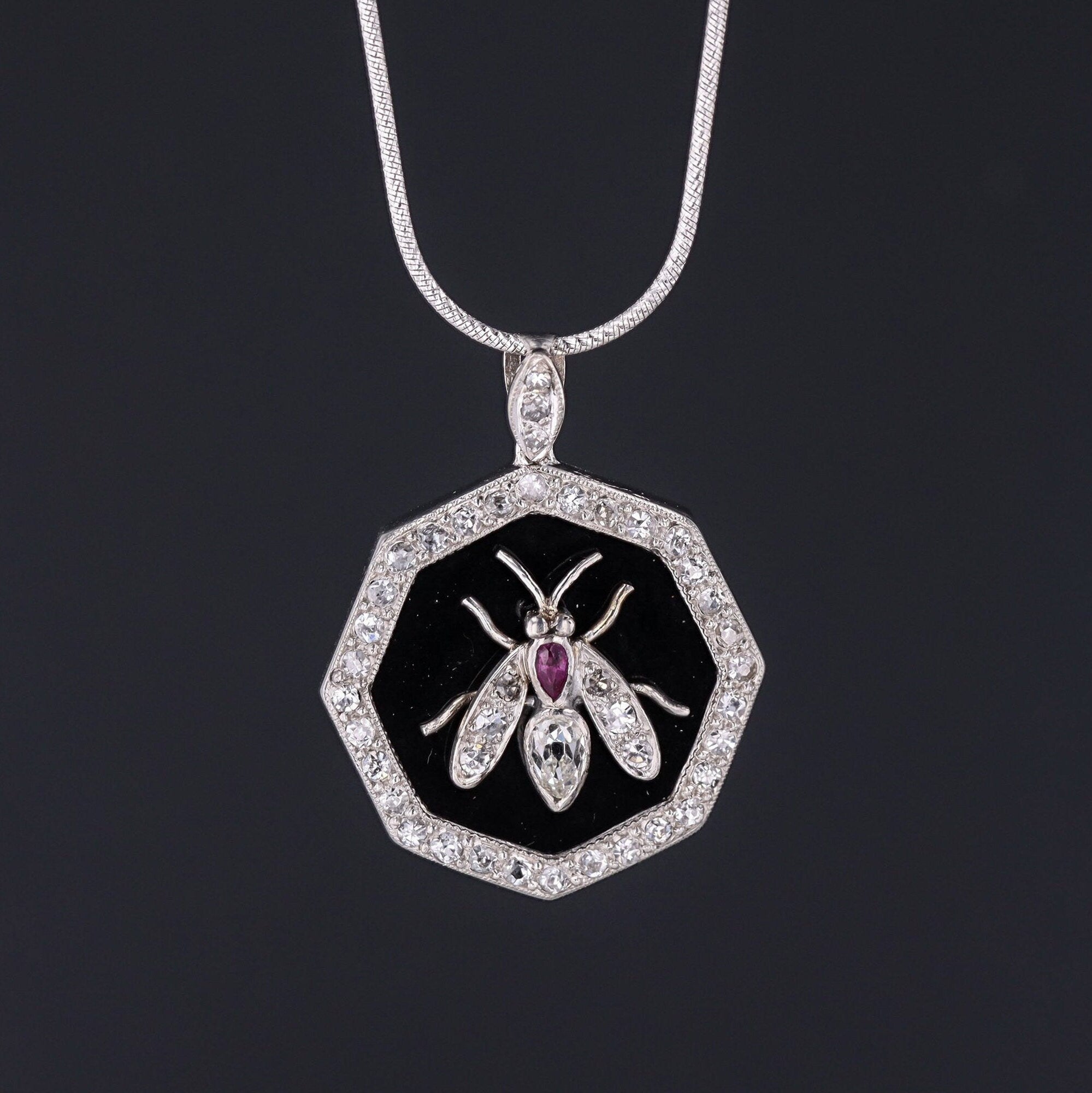 Insect or Bee Pendant | Antique Diamond Ruby & Onyx Pendant 