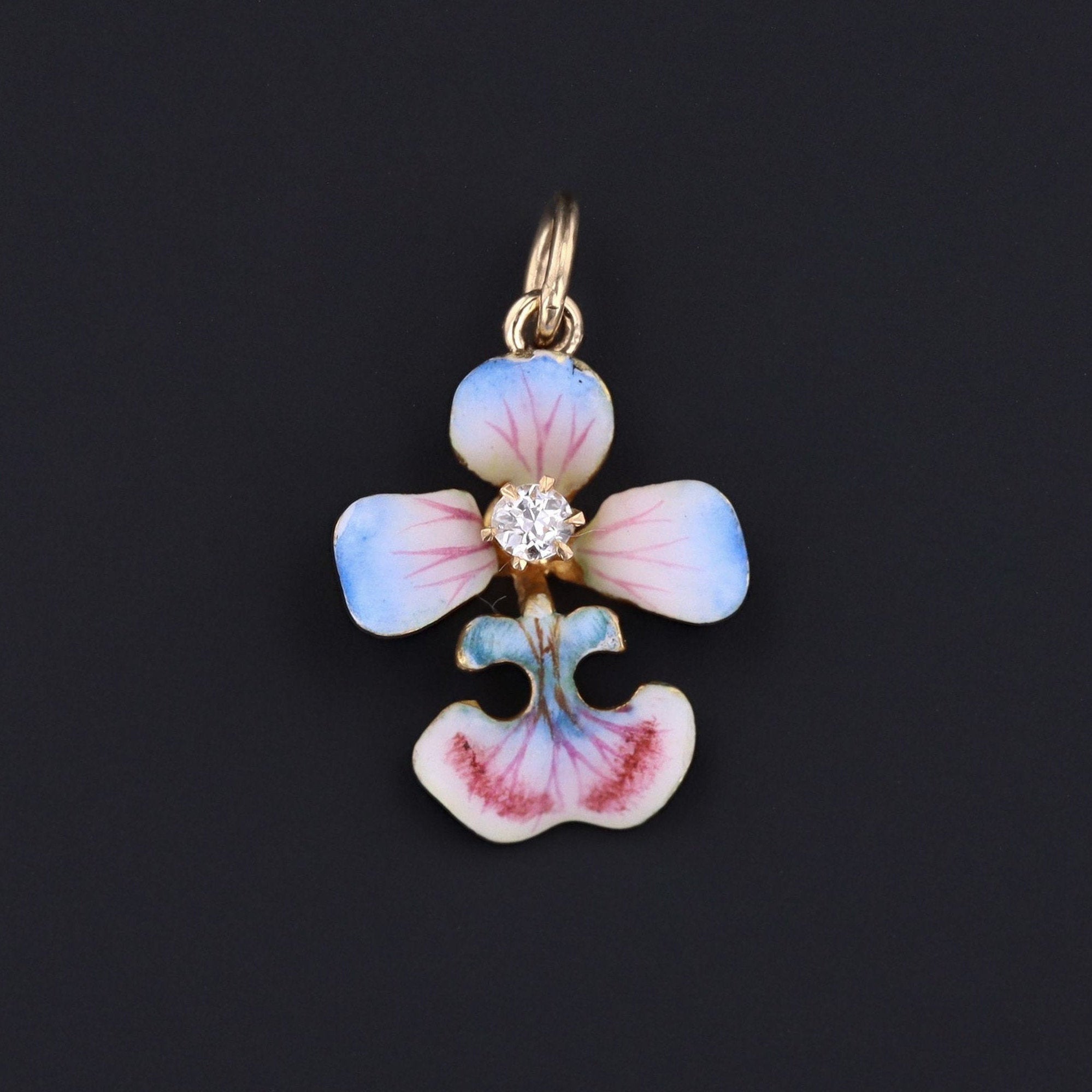 14k Gold & Enamel Orchid Charm | Orchid Flower Charm | Antique Pin Conversion | Orchid Charm with Diamond