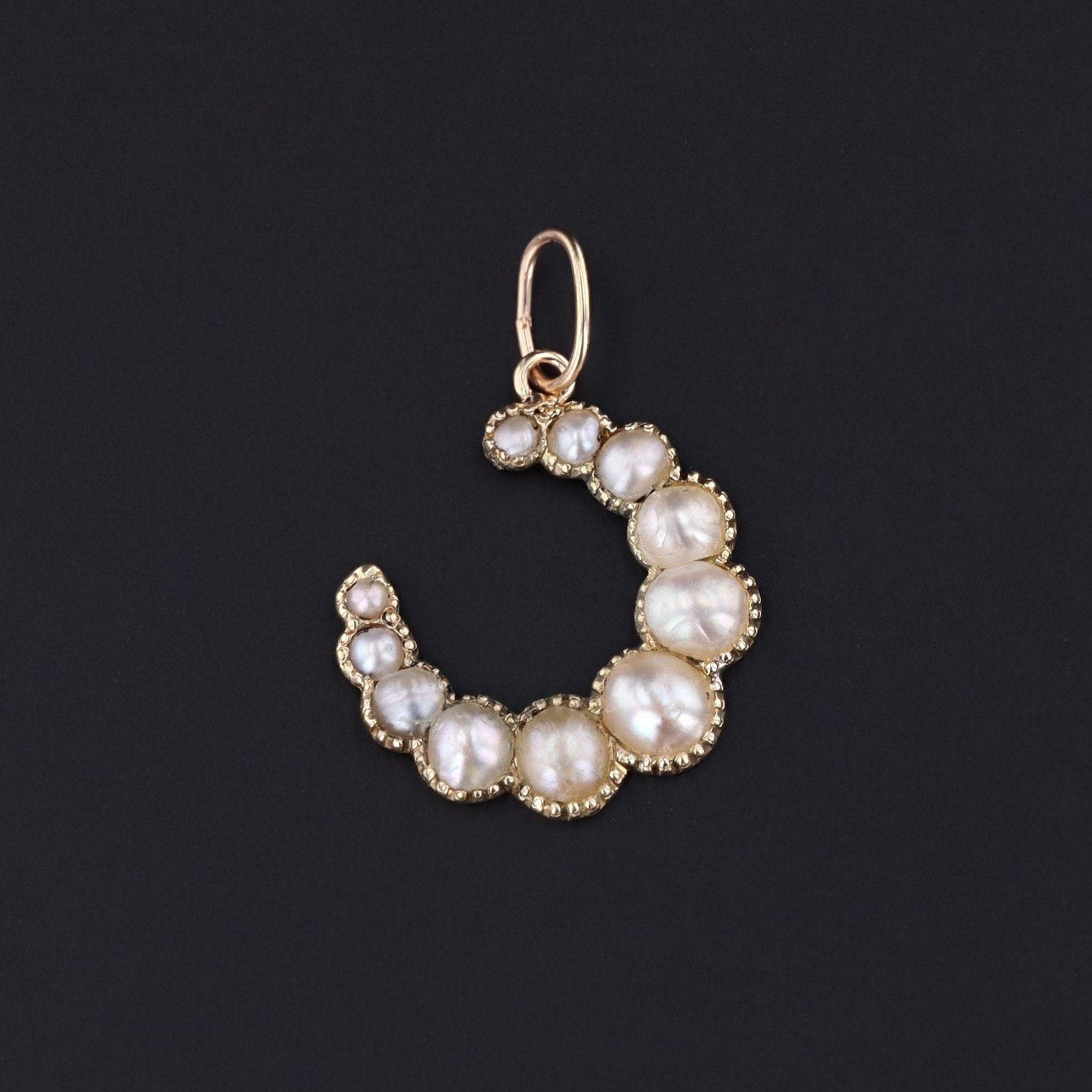 Crescent Moon Charm | Antique Crescent Charm | 14k Gold and Pearl Charm | Pin Conversion | 14k Gold Charm