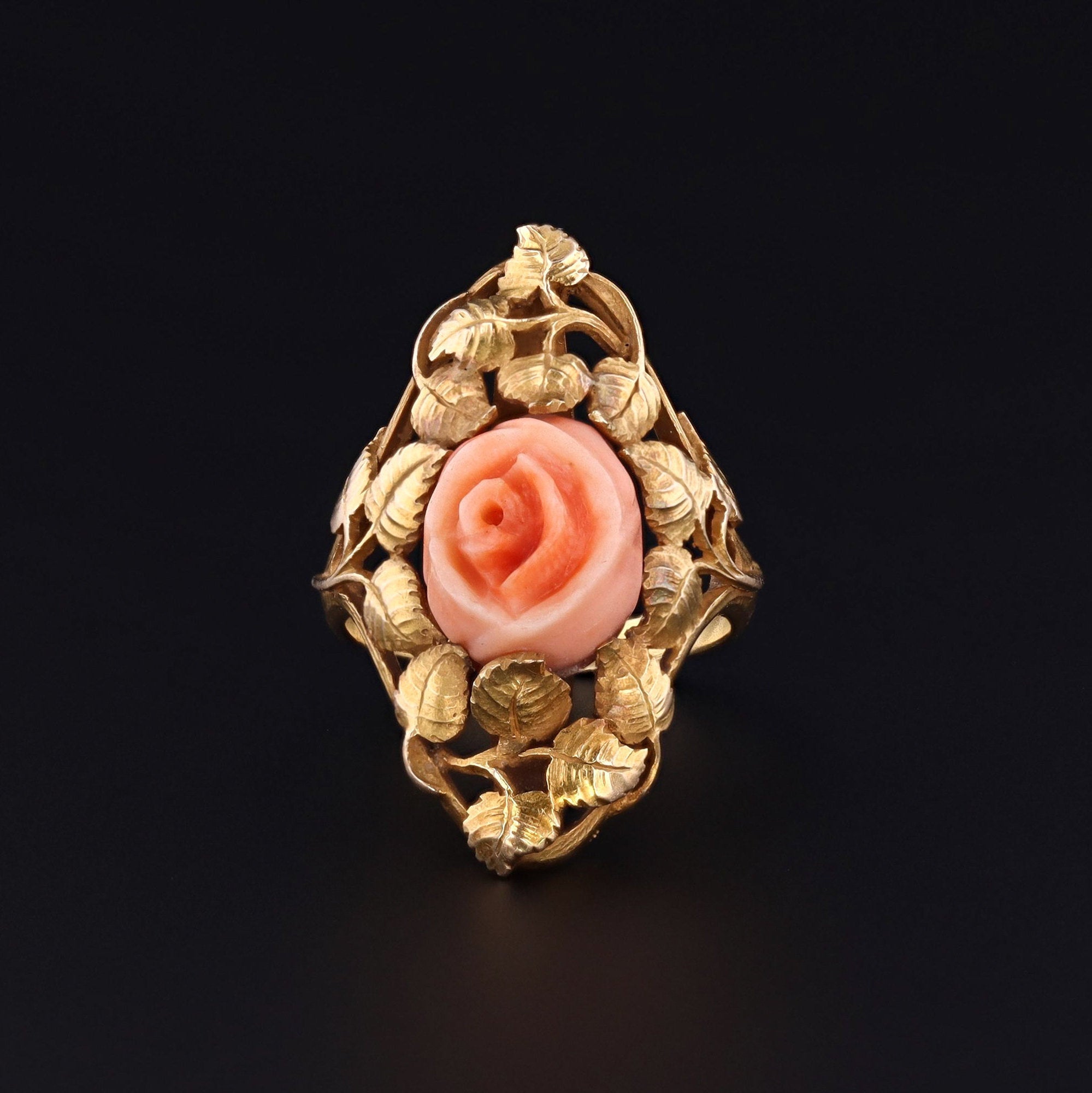 Antique Coral Rose Ring | 14k Gold Ring | Coral Ring | Antique Floral Ring