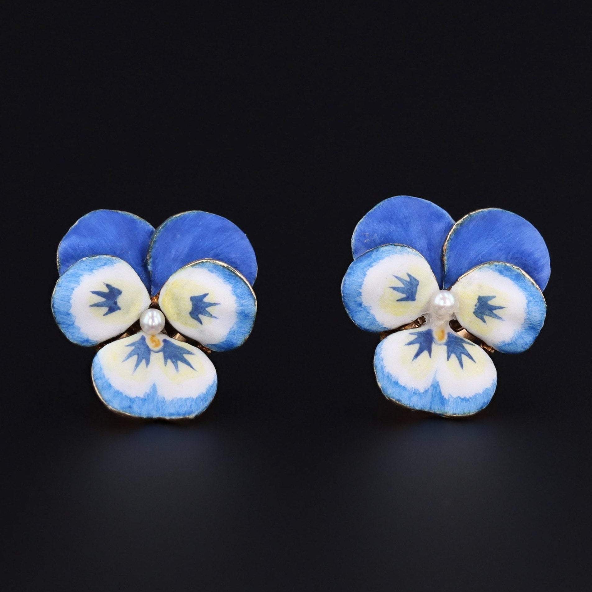 Vintage Pansy Earrings | 14k Gold & Enamel Pansy Earrings | 14k Gold Flower Earrings | 14k Gold Earrings | Blue Pansy Earrings