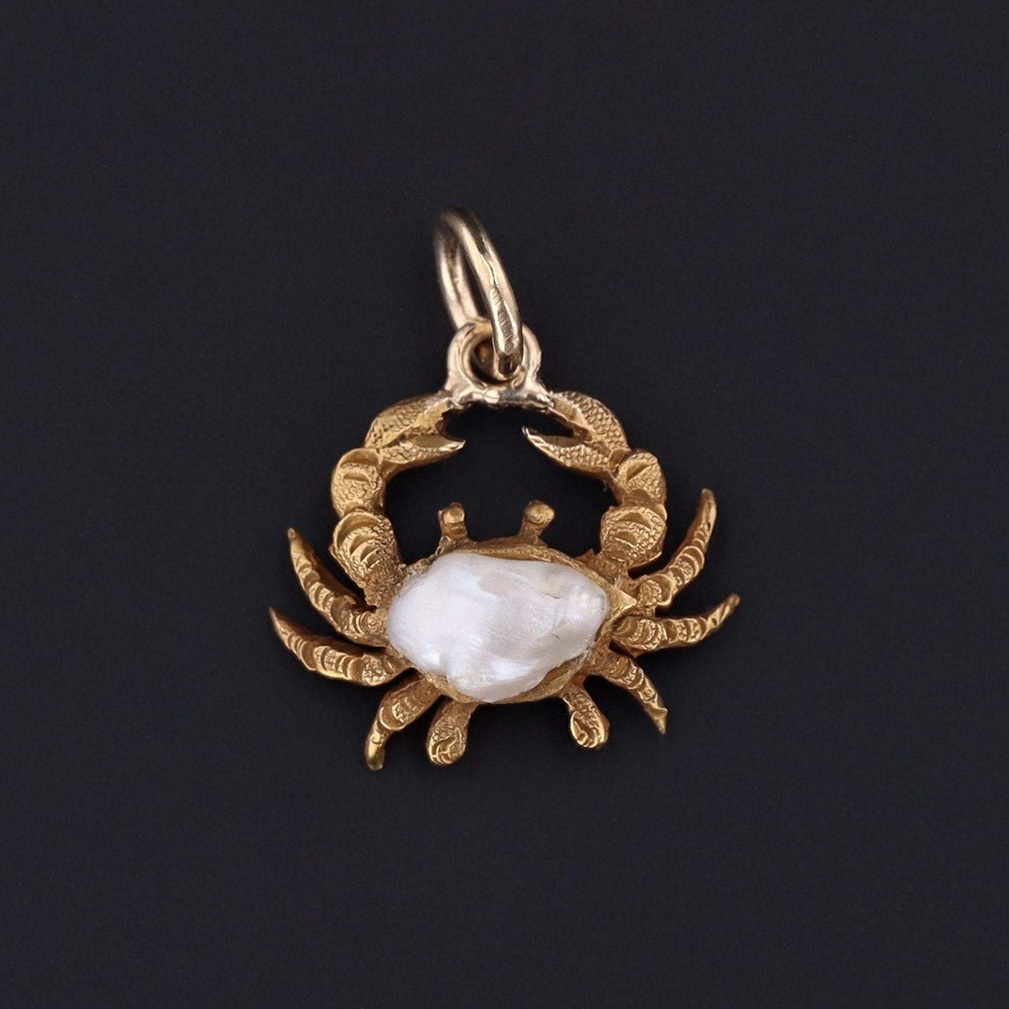 Crab Charm | 14k Gold Crab | Pearl Crab Charm | Antique Pin Conversion | Cancer Zodiac Charm | Gold Charm