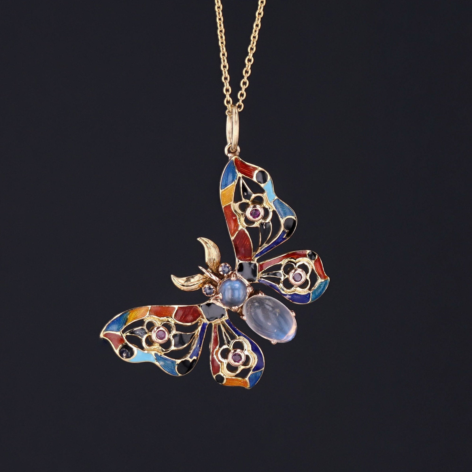 Butterfly Pendant | Enamel Moonstone Sapphire & Ruby Butterfly Pendant | 18k Butterfly Pendant with Optional 14k Chain