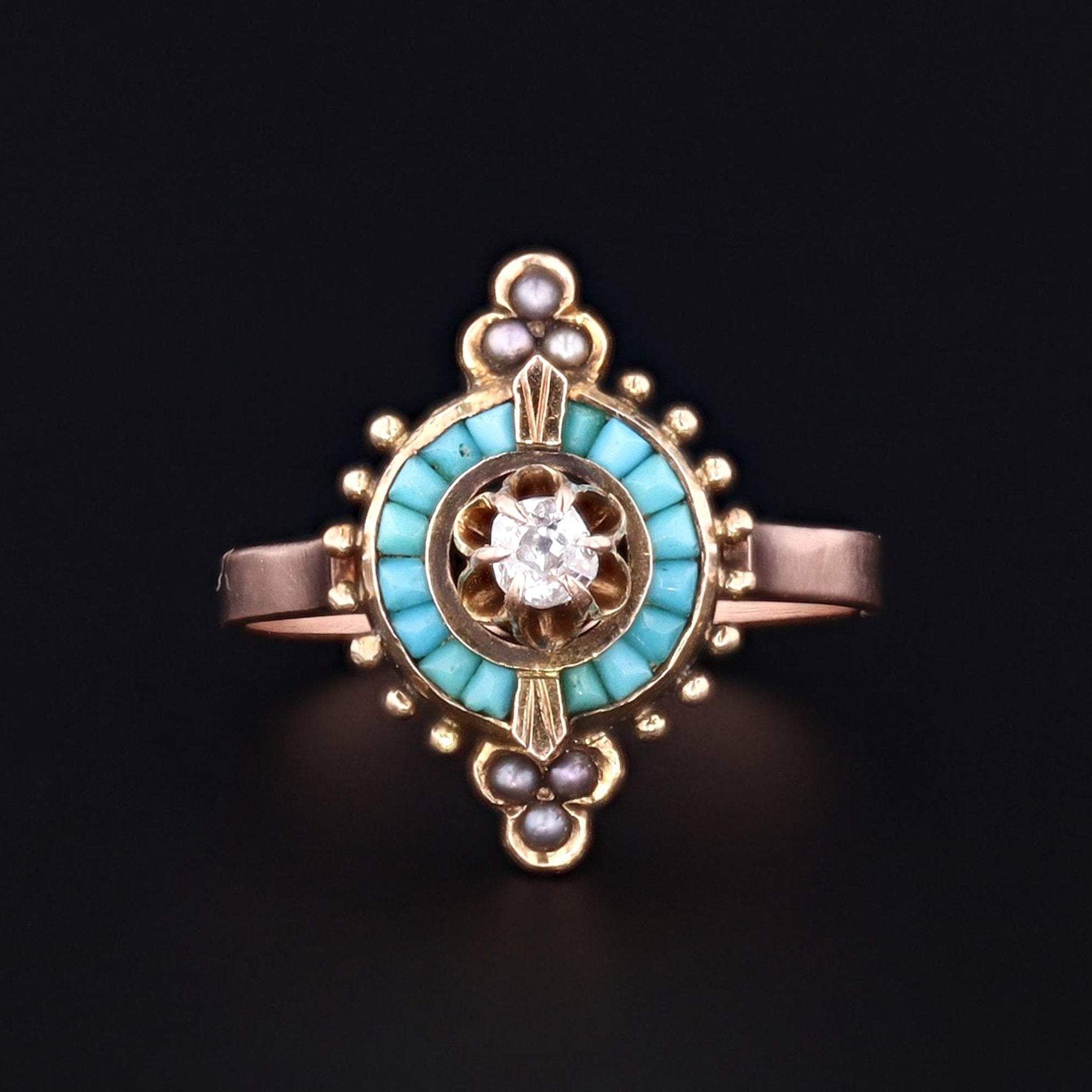 Antique Turquoise & Diamond Ring | 14k Gold Ring 