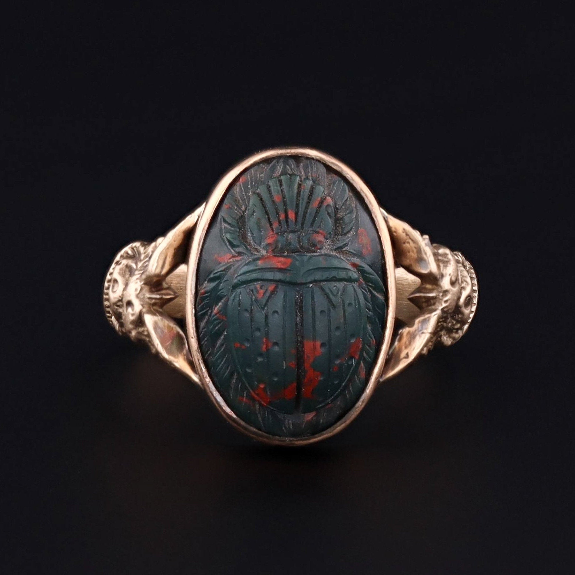 Caduceus Ring | 14k Gold Bloodstone Scarab Ring | 14k Gold Ring | Art Nouveau Style Ring