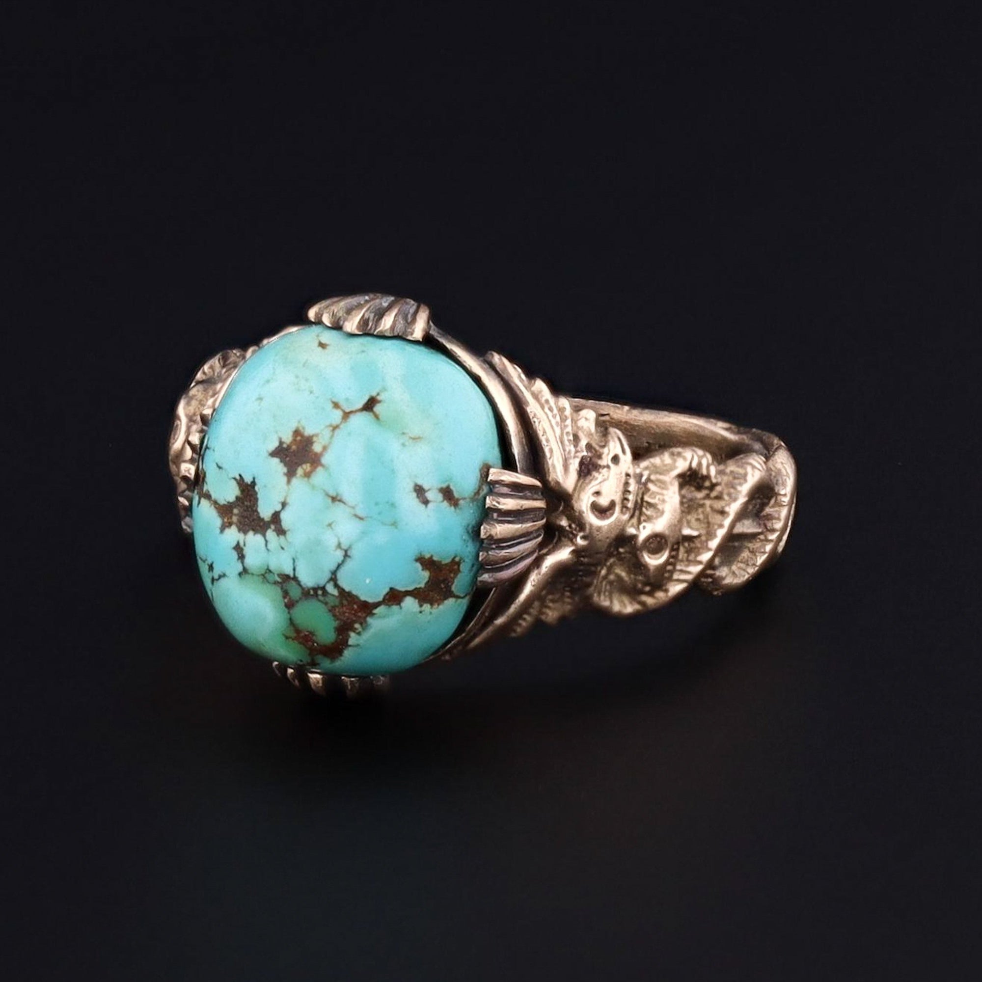 Caduceus Ring | 14k Gold & Turquoise Ring | 14k Gold Ring | Art Nouveau Style Ring