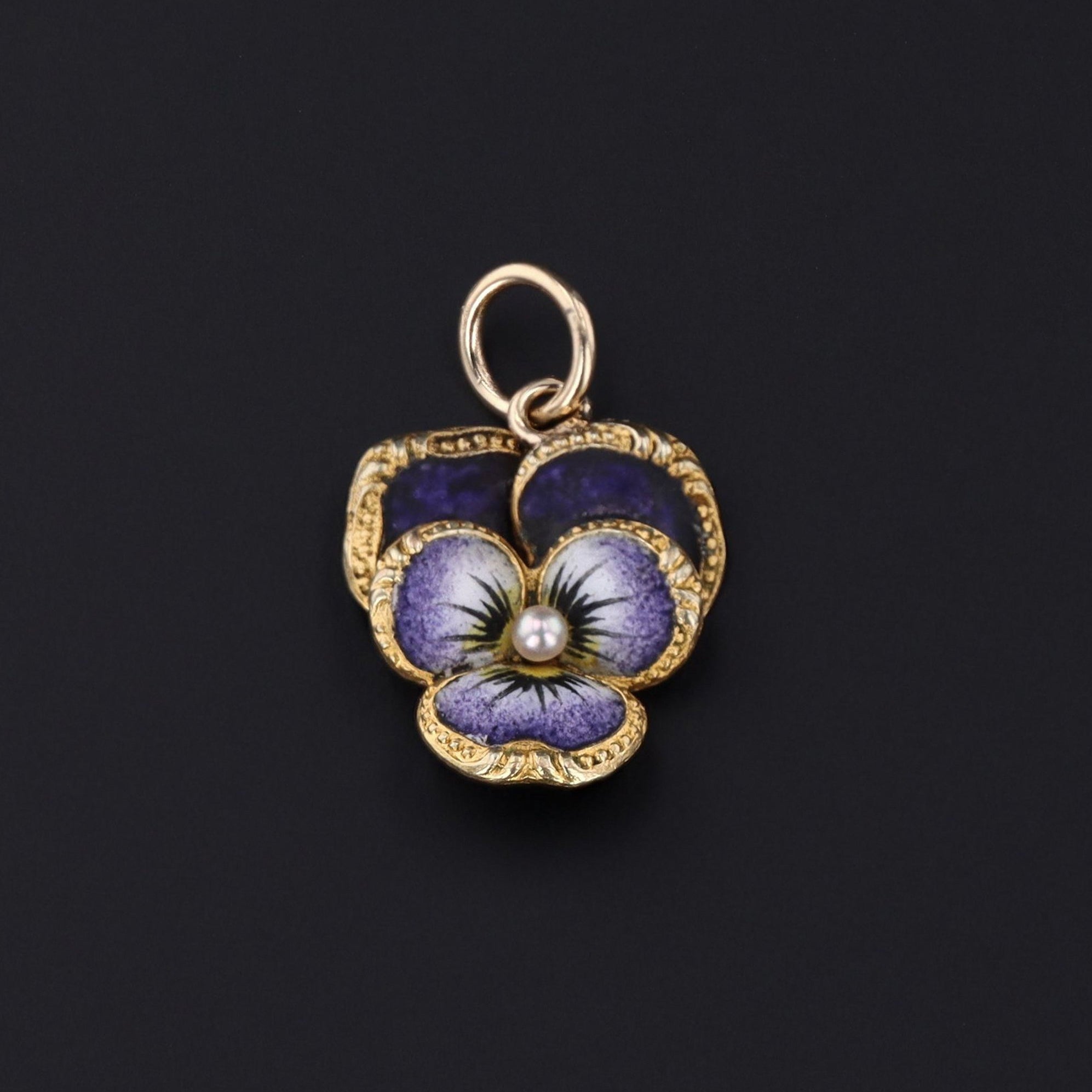 Pansy Charm | Antique Pansy Charm with Pearl | 14k Gold Charm | Purple Enamel Pansy | Gold Flower Charm