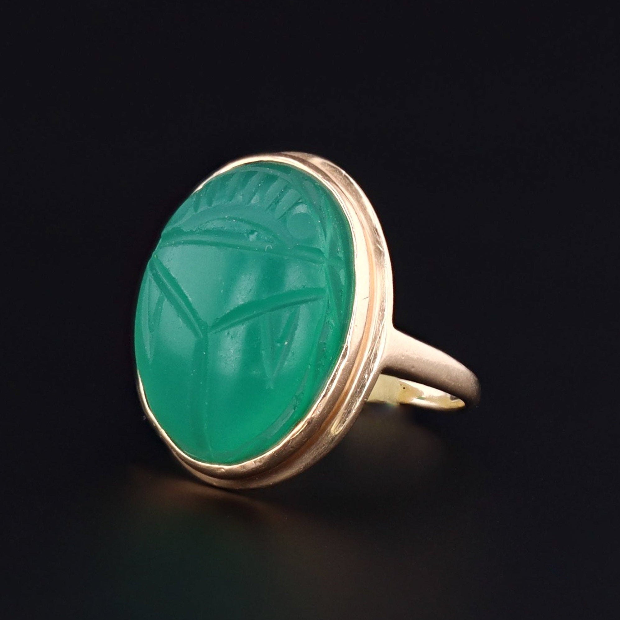 Green Agate Ring | Vintage Ring | Scarab Ring | 14k Gold Ring | Carved Scarab Ring