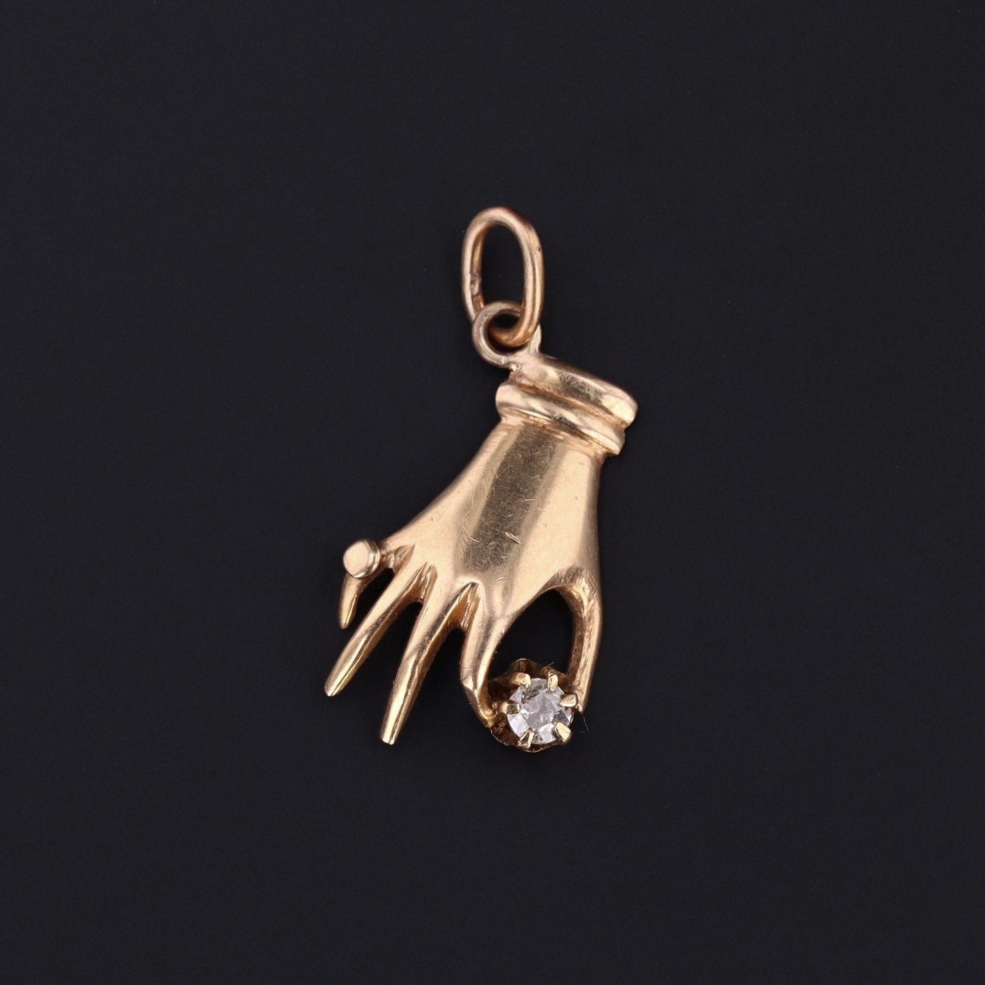 14k Gold Hand Charm | Diamond Hand Pendant | Antique Pin Conversion Charm | 14k Gold Charm