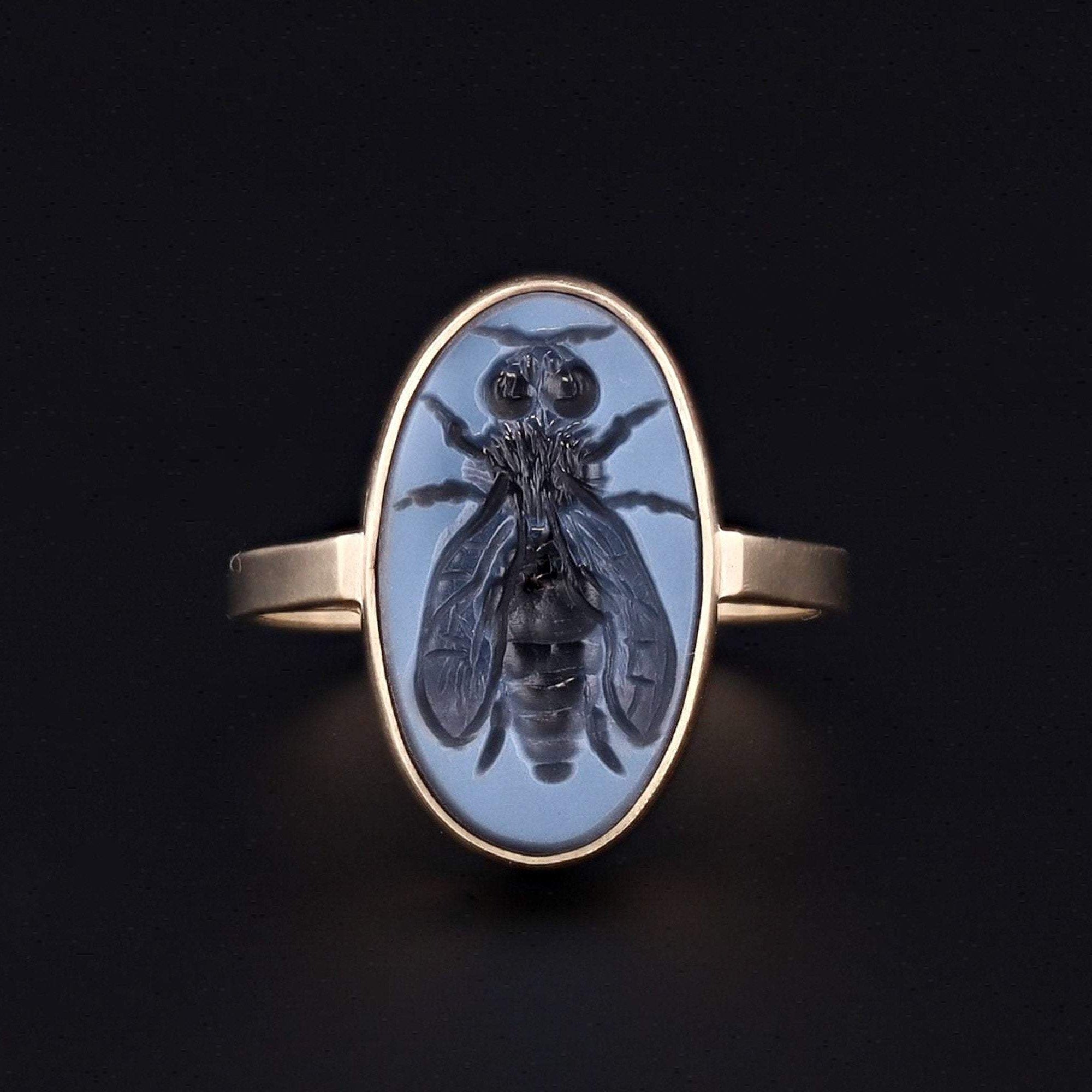 Bee Ring | Intaglio Ring | Black and White Agate Intaglio Ring | 14k Gold Ring