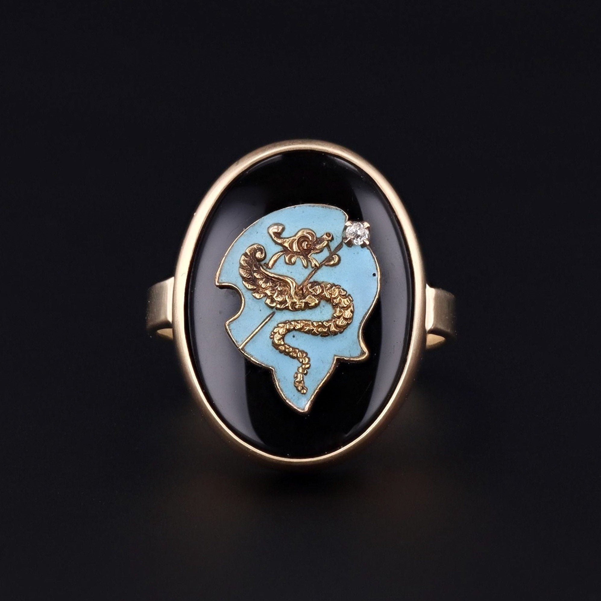 Onyx & Enamel Dragon Ring | 14k Gold Ring | Antique Pin Conversion Ring | Antique Stick Pin Ring | Onyx Ring