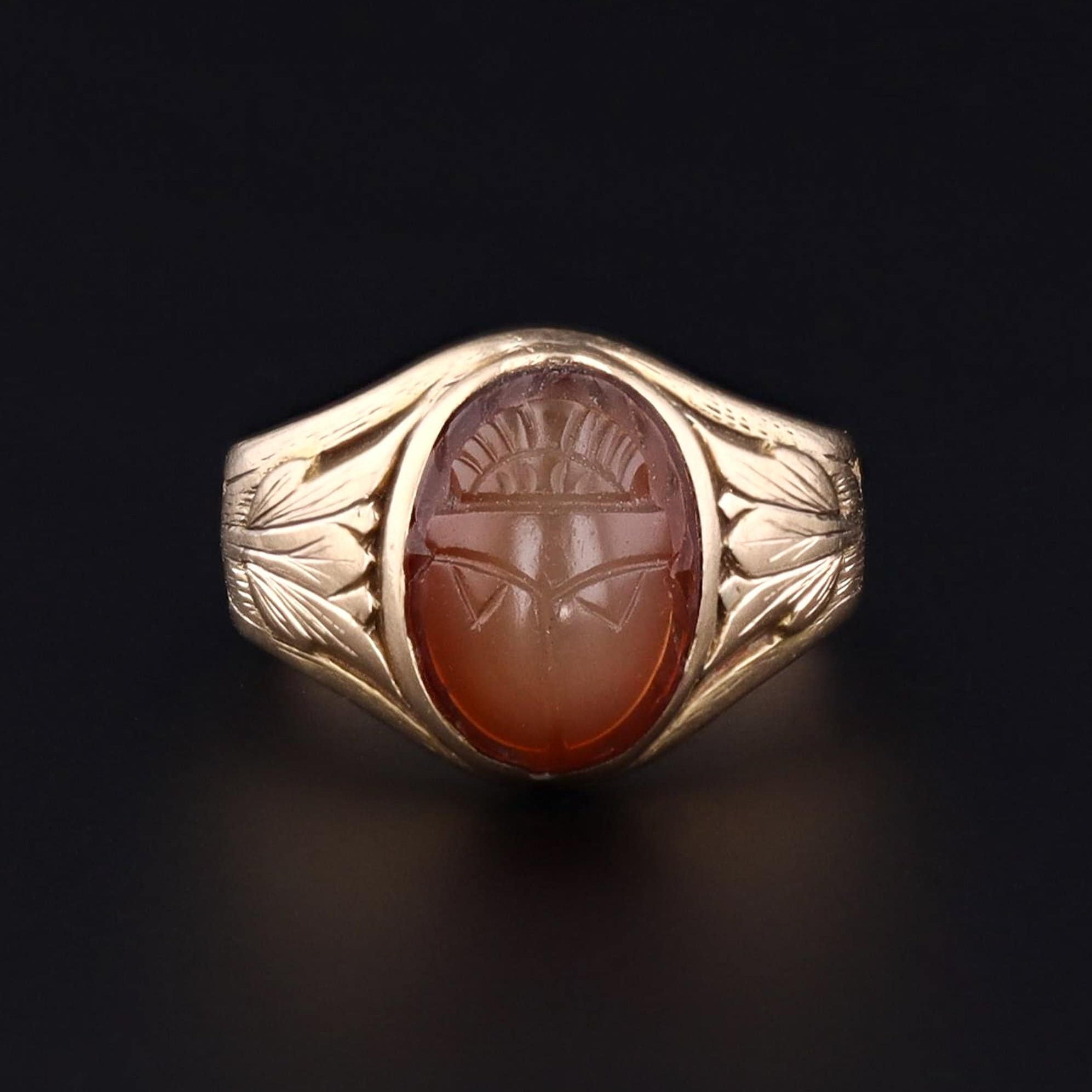 Carved Carnelian Scarab Ring | Egyptian Revival Ring 