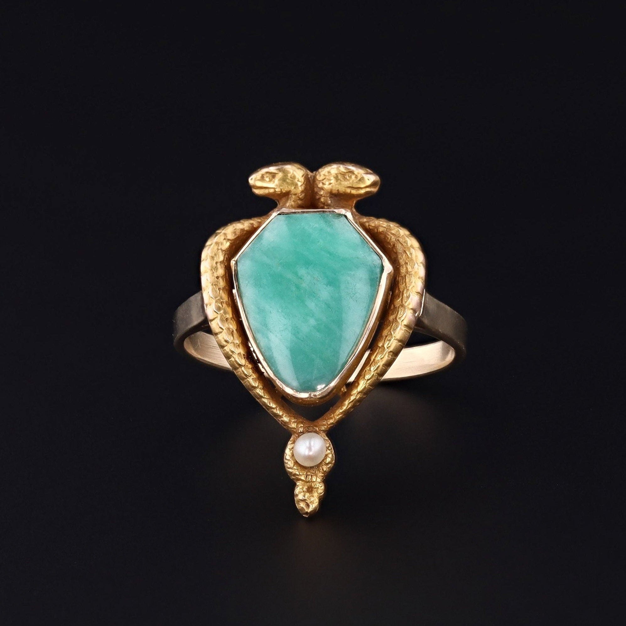 Snake Ring | 14k Gold & Amazonite Ring | Entwined Snake Ring | Antique Pin Conversion Ring