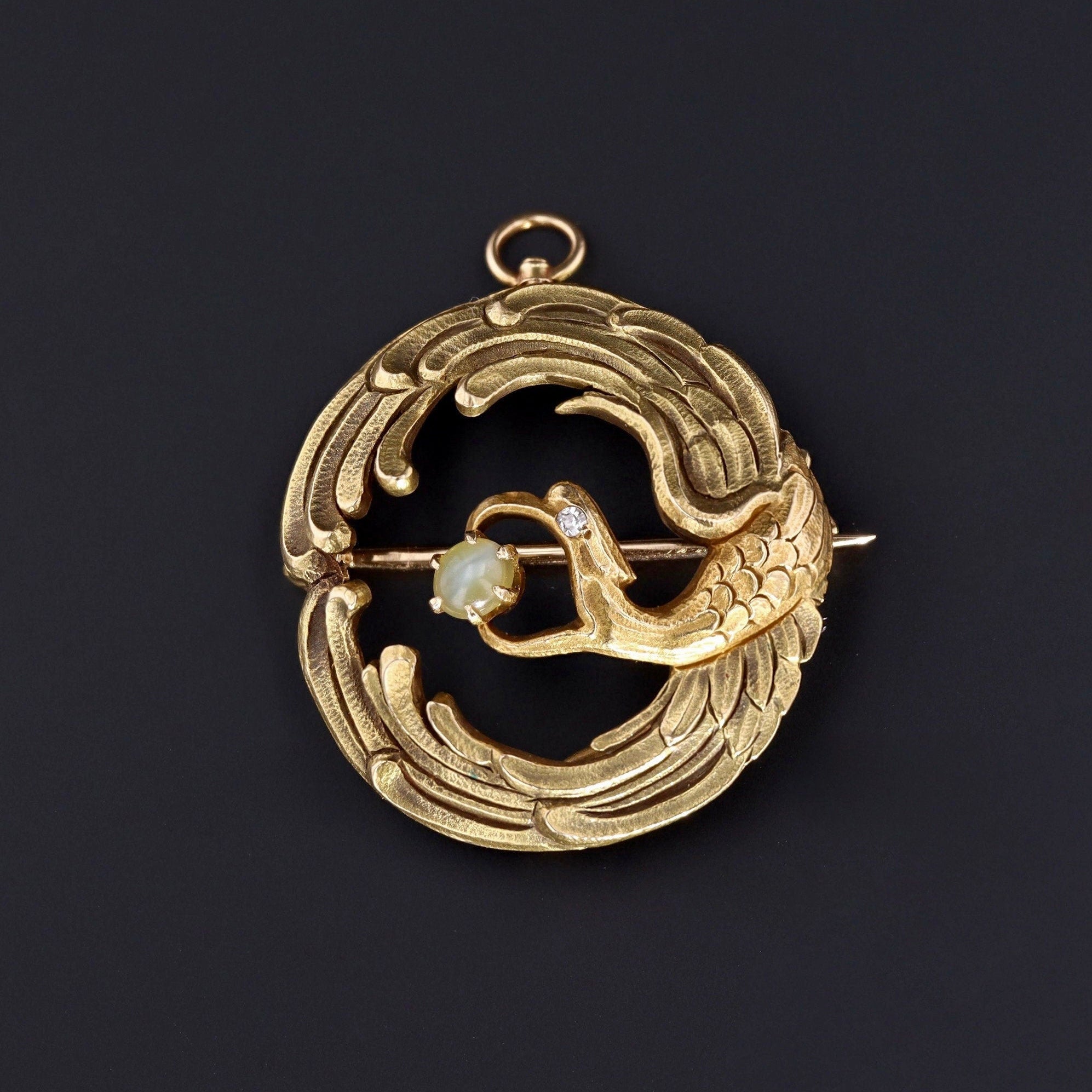 Antique Art Nouveau 14k Gold Phoenix Pendant or Brooch with Chrysoberyl  | 14k Gold Pendant