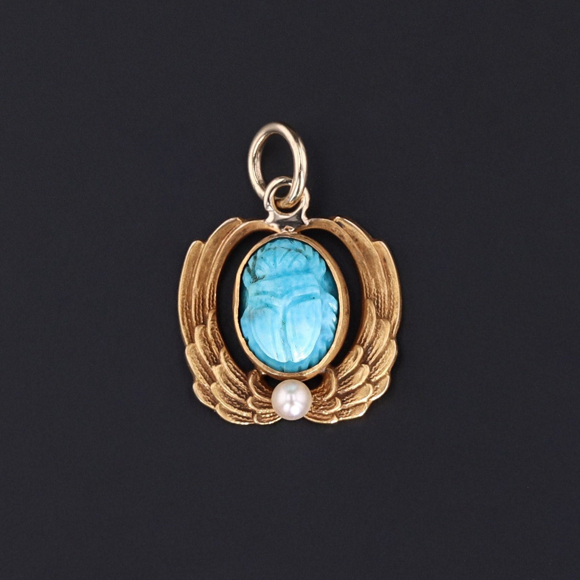 Turquoise Scarab Charm | Antique Pin Conversion | 14k Gold Winged Scarab Charm | Gold Charm