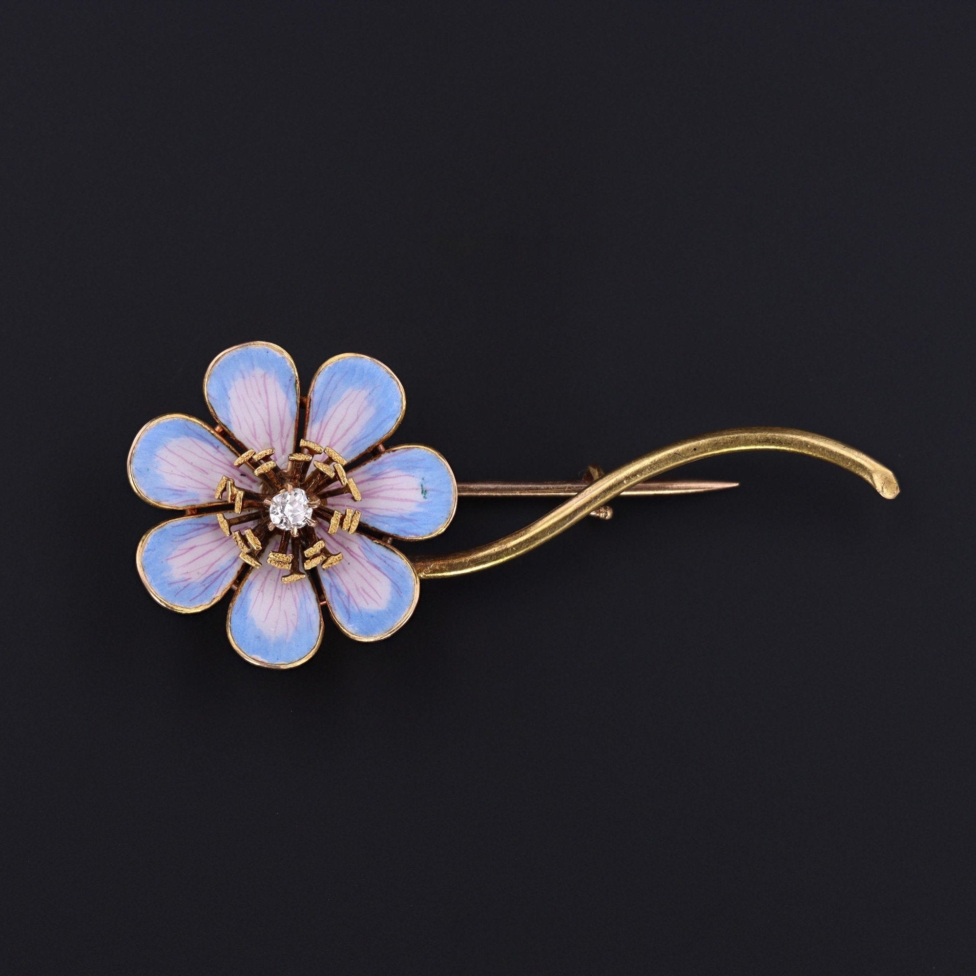 Enamel Flower Brooch | 18k Gold Flower Brooch | Blue Enamel Flower Brooch | Antique Brooch | Antique Pin