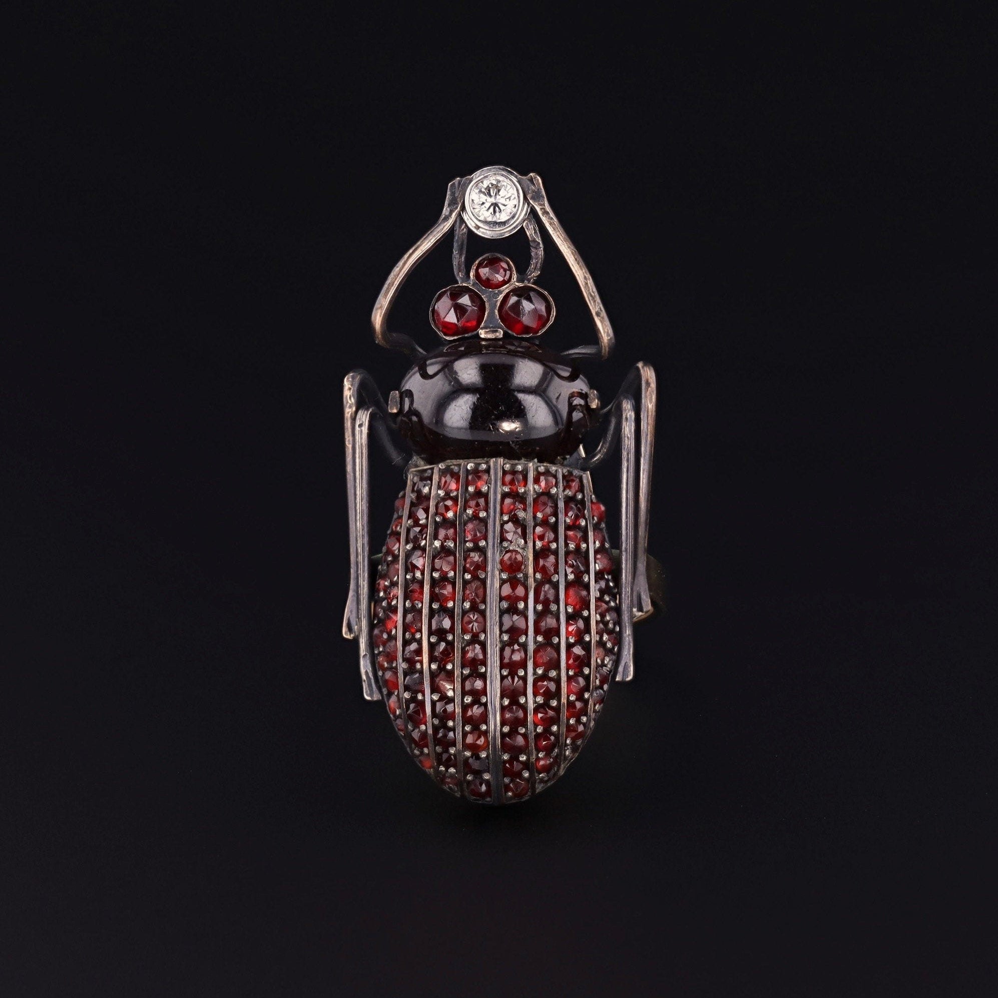 Beetle Ring | Antique Garnet Bug Ring | Bohemian Garnet Beetle with Diamond | Antique Pin Conversion | 14k Gold & Silver Ring