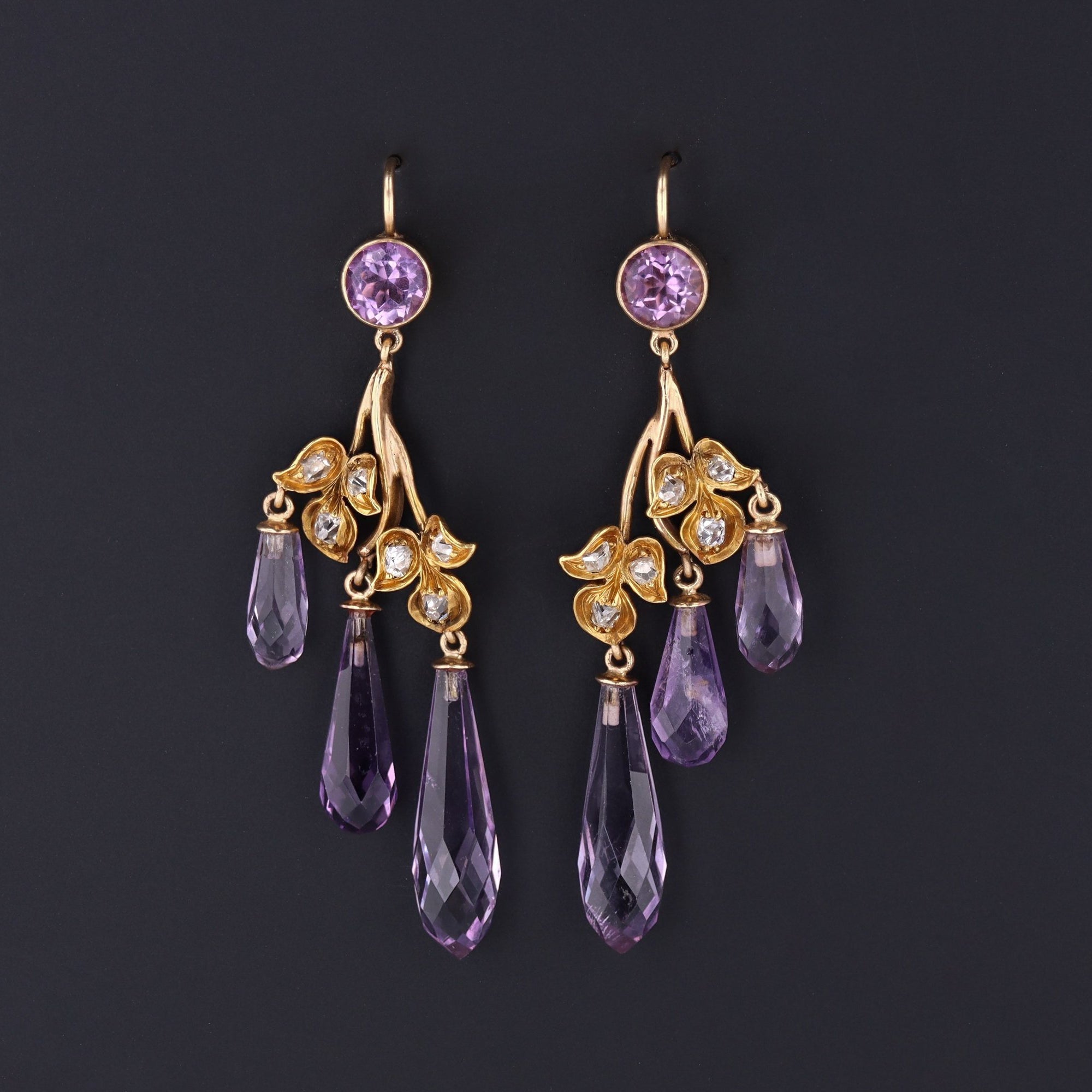Amethyst Briolette Earrings | Amethyst & Diamond Dangle Earrings | 14k Gold Chandelier Earrings | Antique Amethyst Earrings